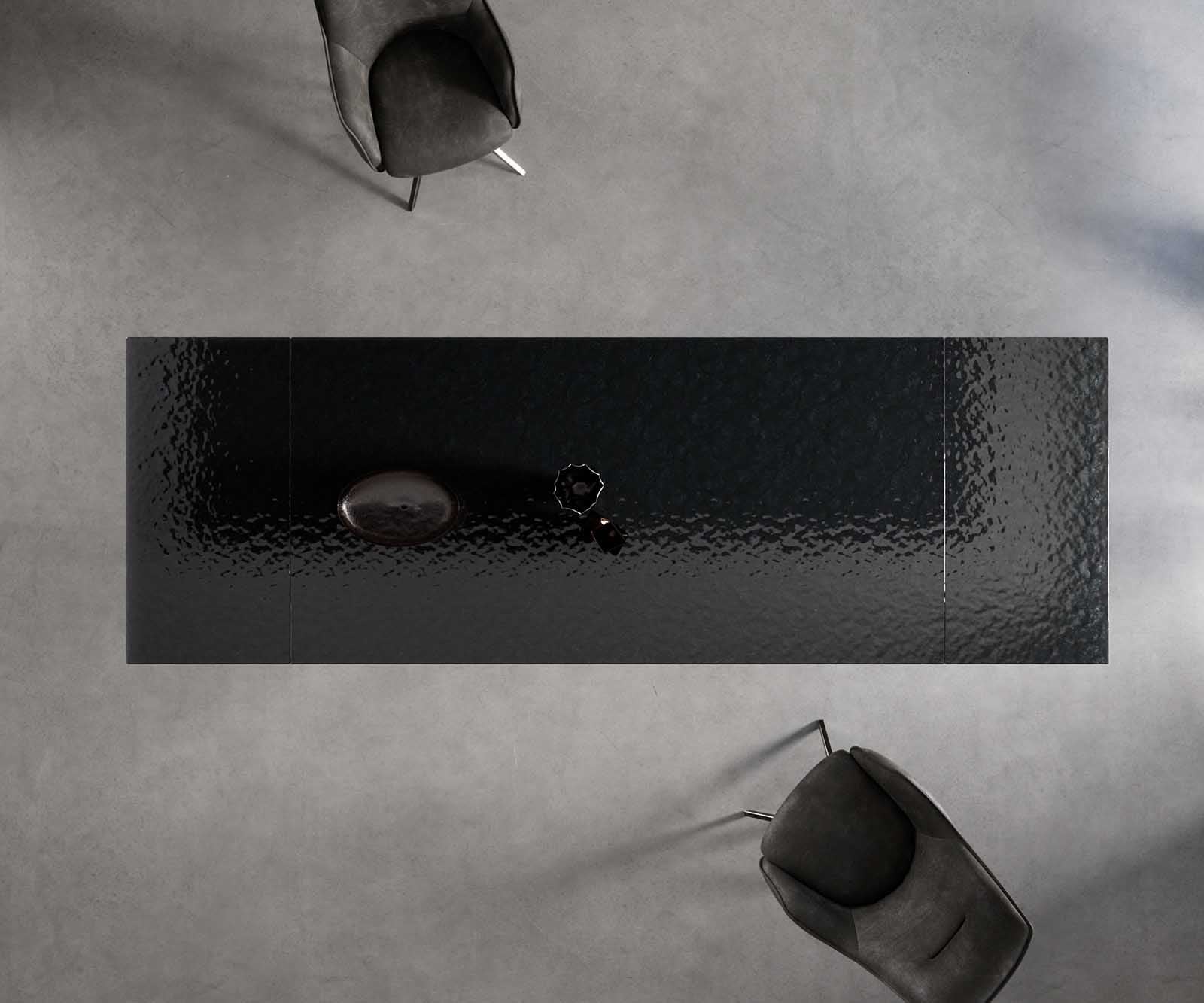Esstisch Edge 200-300x100 Reliefglas Rauchschwarz 3D-Design W-Gestell Schwarz ausziehbar 8