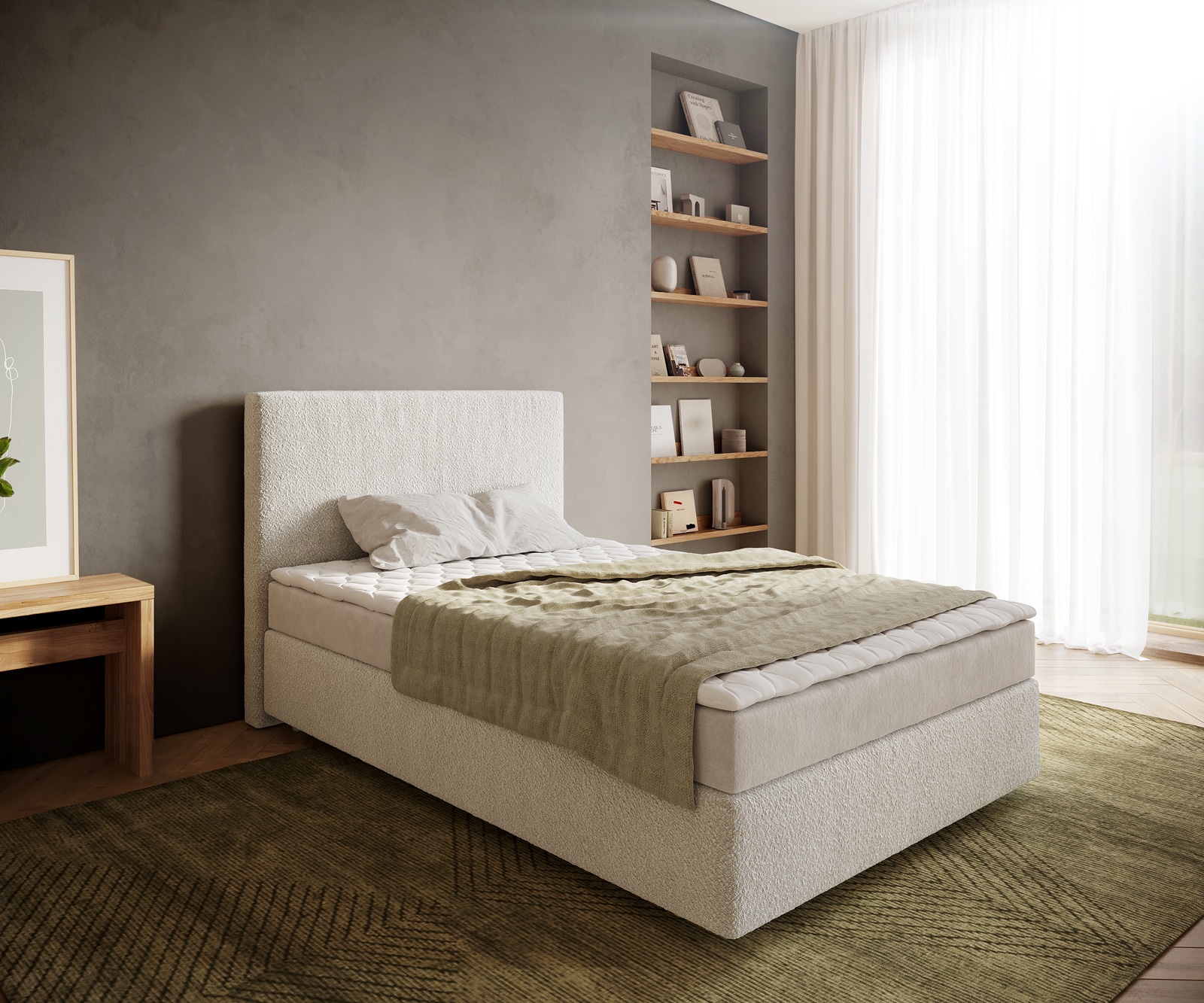 Boxspringbett Dream-Well 120x200 cm Bouclé Creme-Weiß mit Matratze und Topper
