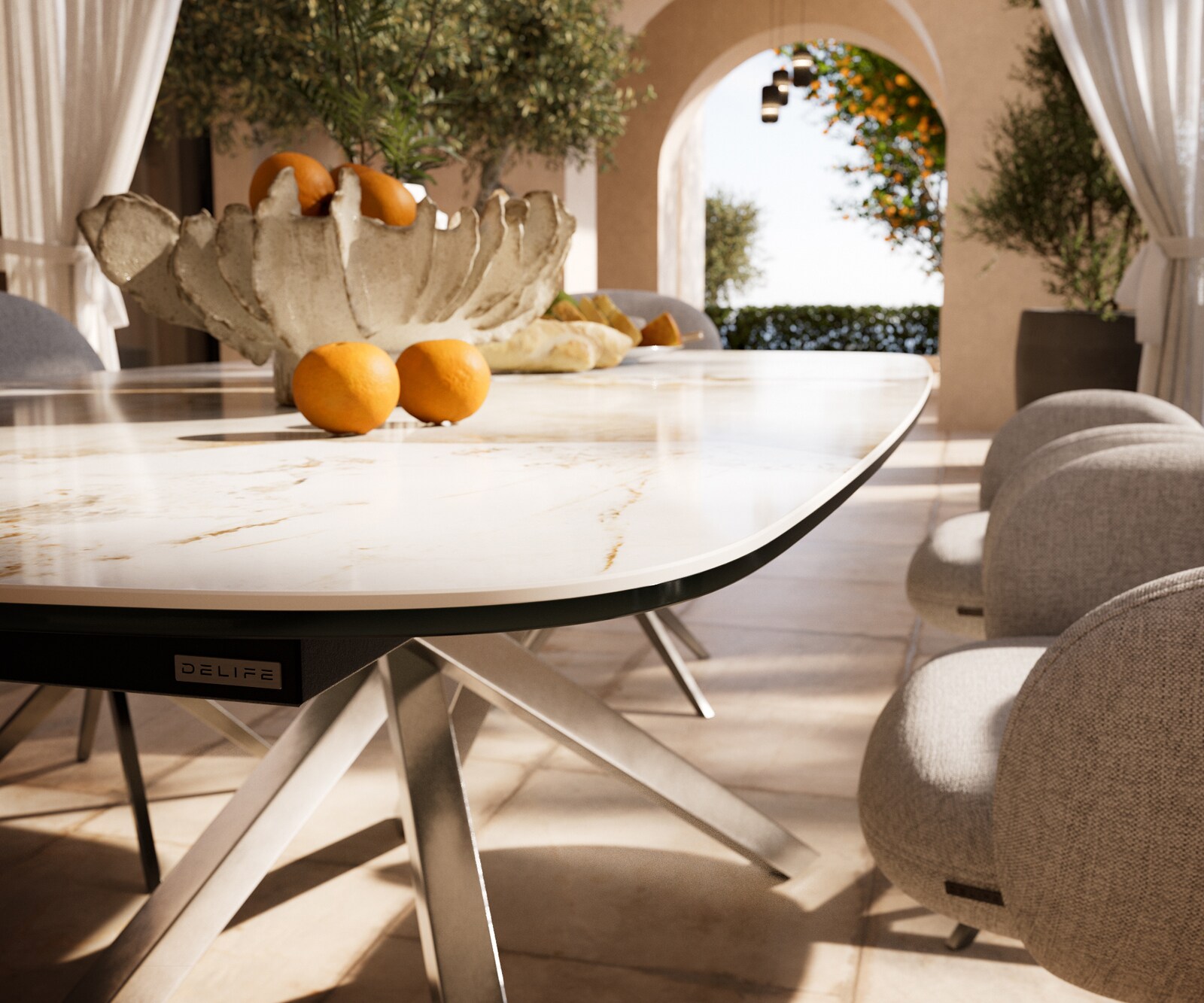 Outdoortisch Edge Boot 200x100 cm Keramik Minas Melange Weiß-Beige Kreuzgestell Rechteck Edelstahl 3