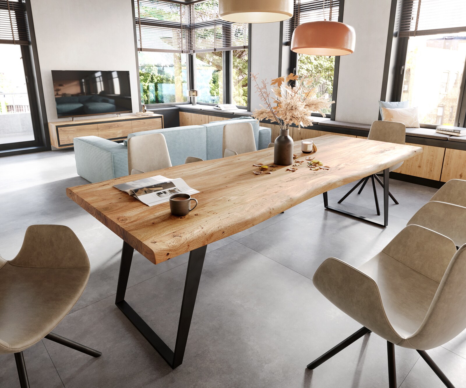Esstisch Edge 260x100 XL Akazie Natur Metall Schräg Live-Edge