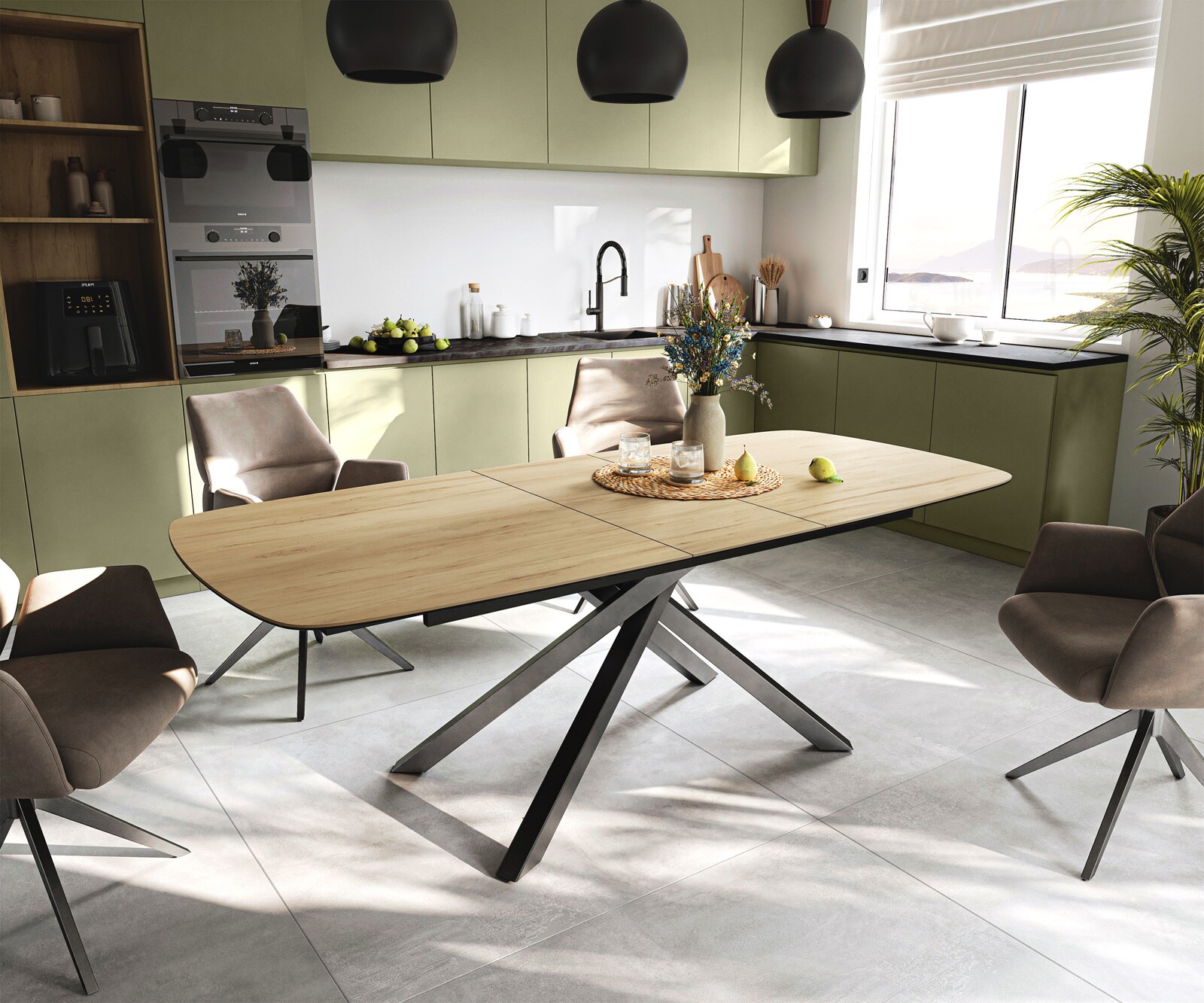 Esstisch Edge Boot 180-220x100 cm Keramik Laminam® Sabbia Eichefarbig Kreuzgestell Rechteck Edelstahl Graphit ausziehbar 1
