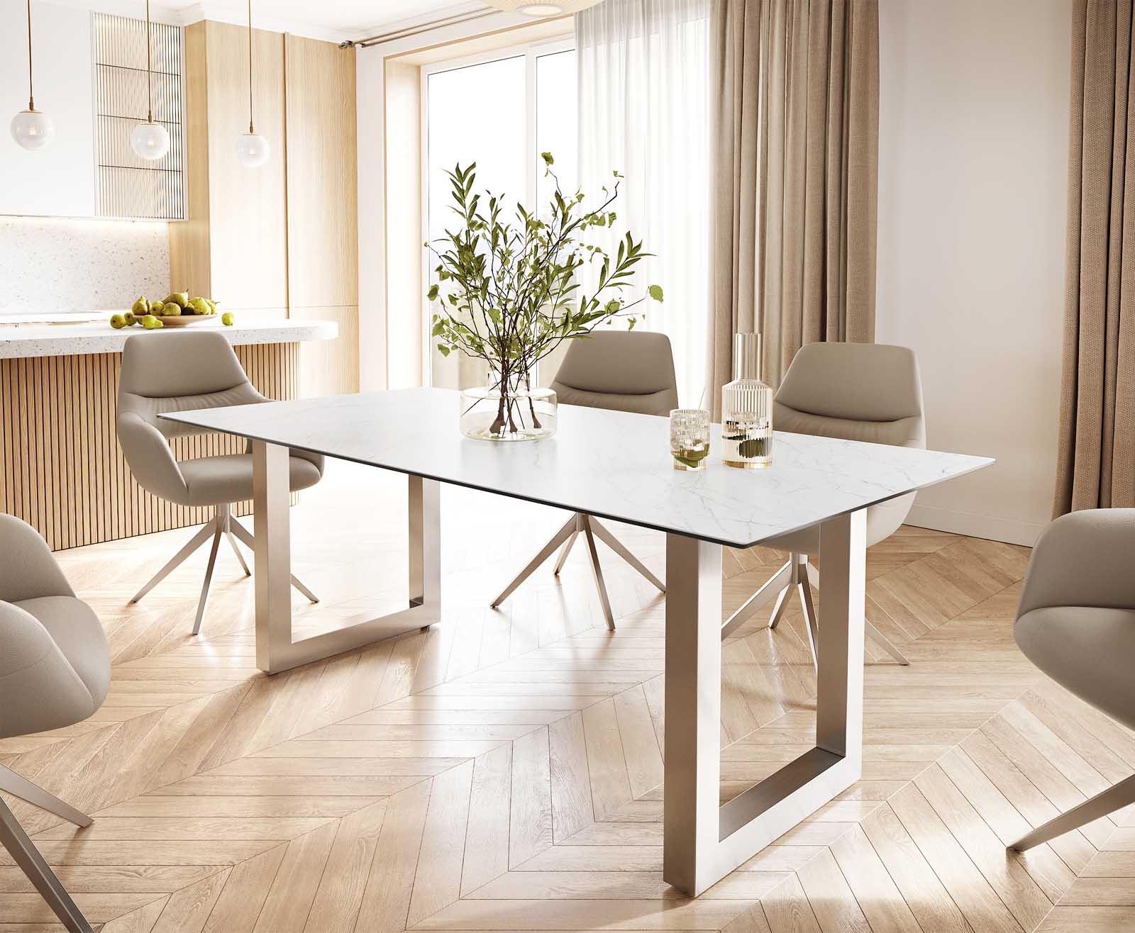 Esstisch Edge 200x100 Keramik Laminam® Statuarietto Weiß Edelstahl Breit 1