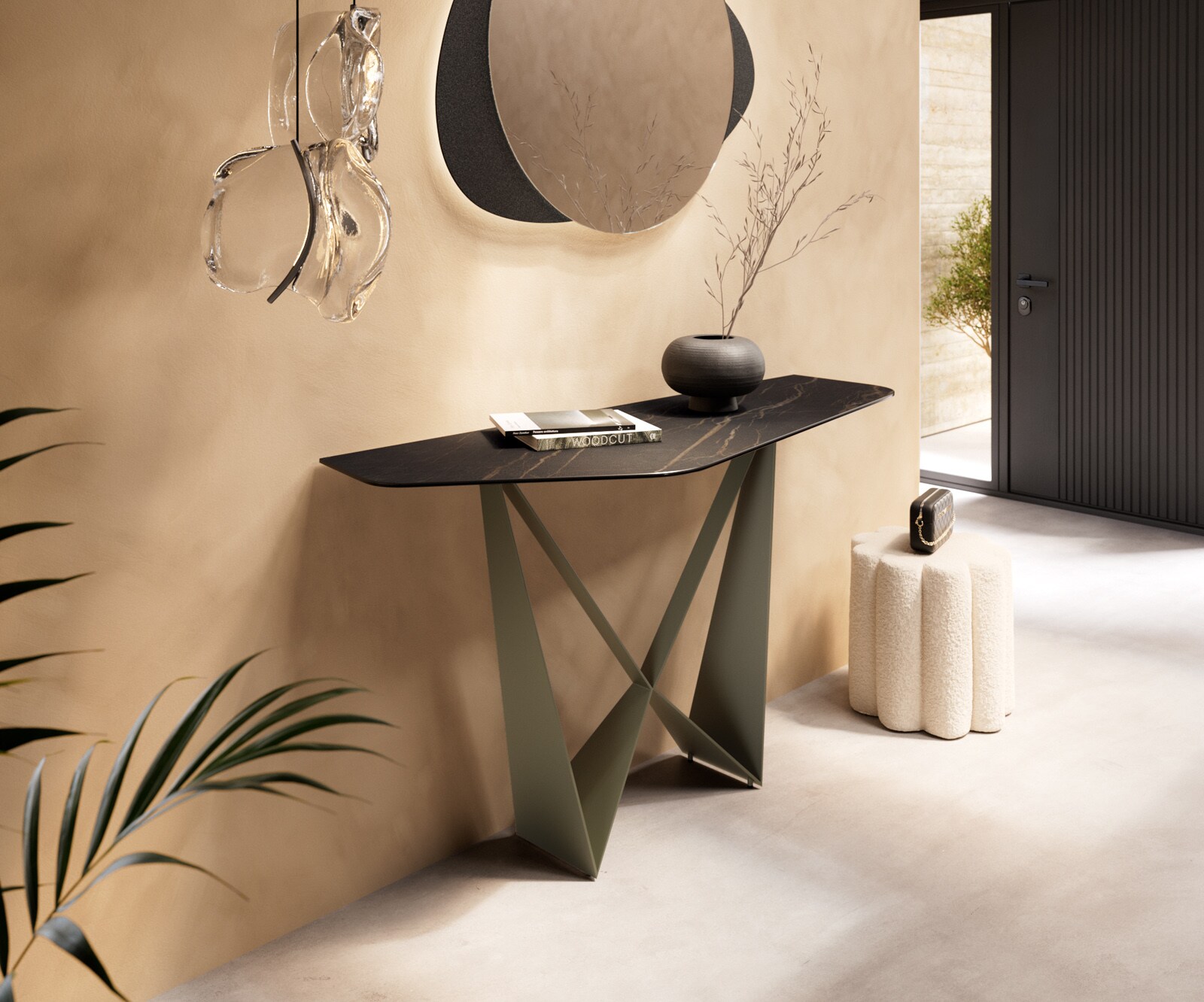 DELIFE Konsolentisch Edge Polygonal 140x50 cm Keramik Laminam Noir Desir Braun Spios Metall Effektfinish Titan, Konsolentische - B140 x T50 x H79 cm