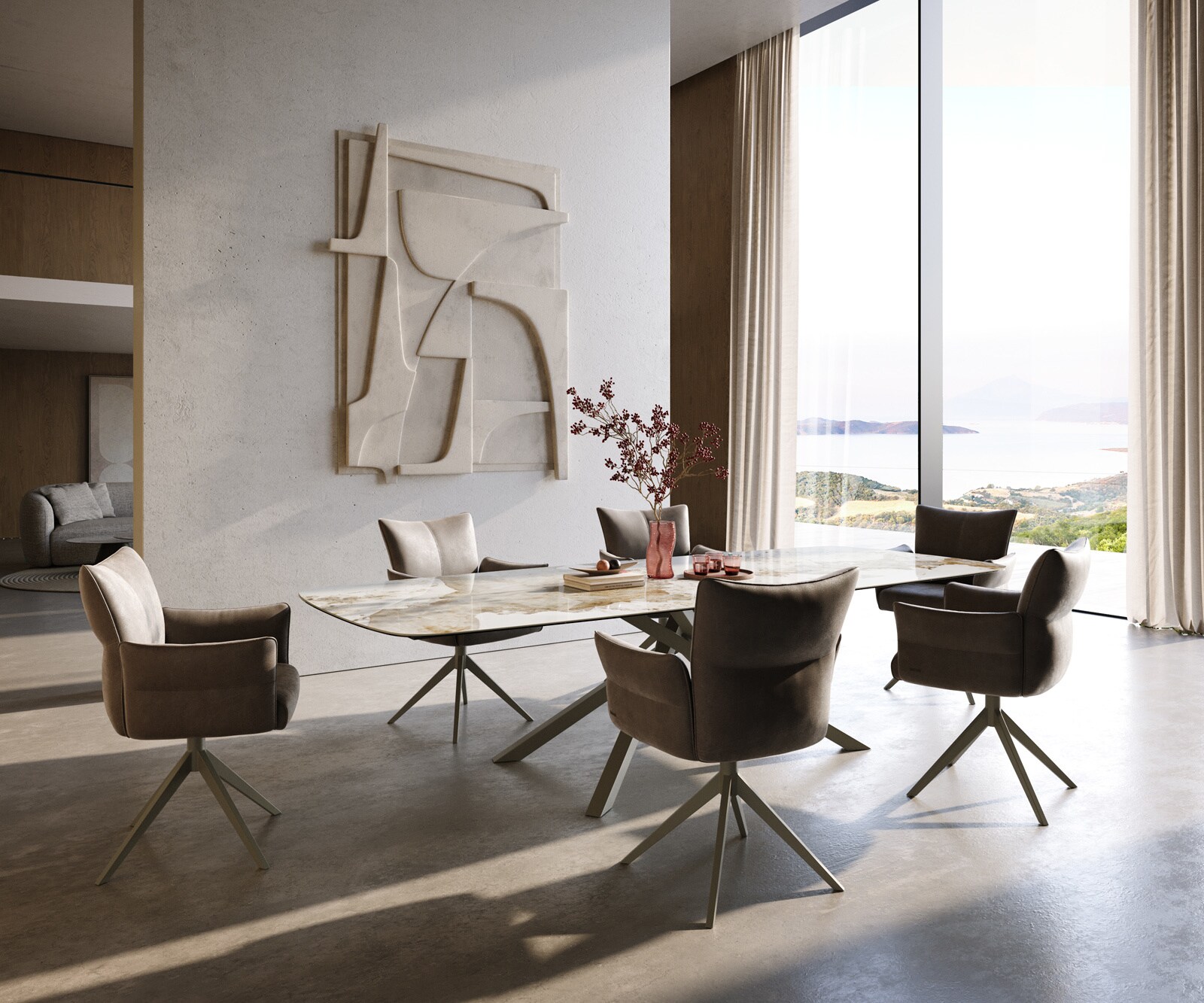 Esstisch Edge Boot 300x120 cm Keramik Minas Melange Weiß-Beige Kreuzgestell Rechteck Effektfinish Titan 6