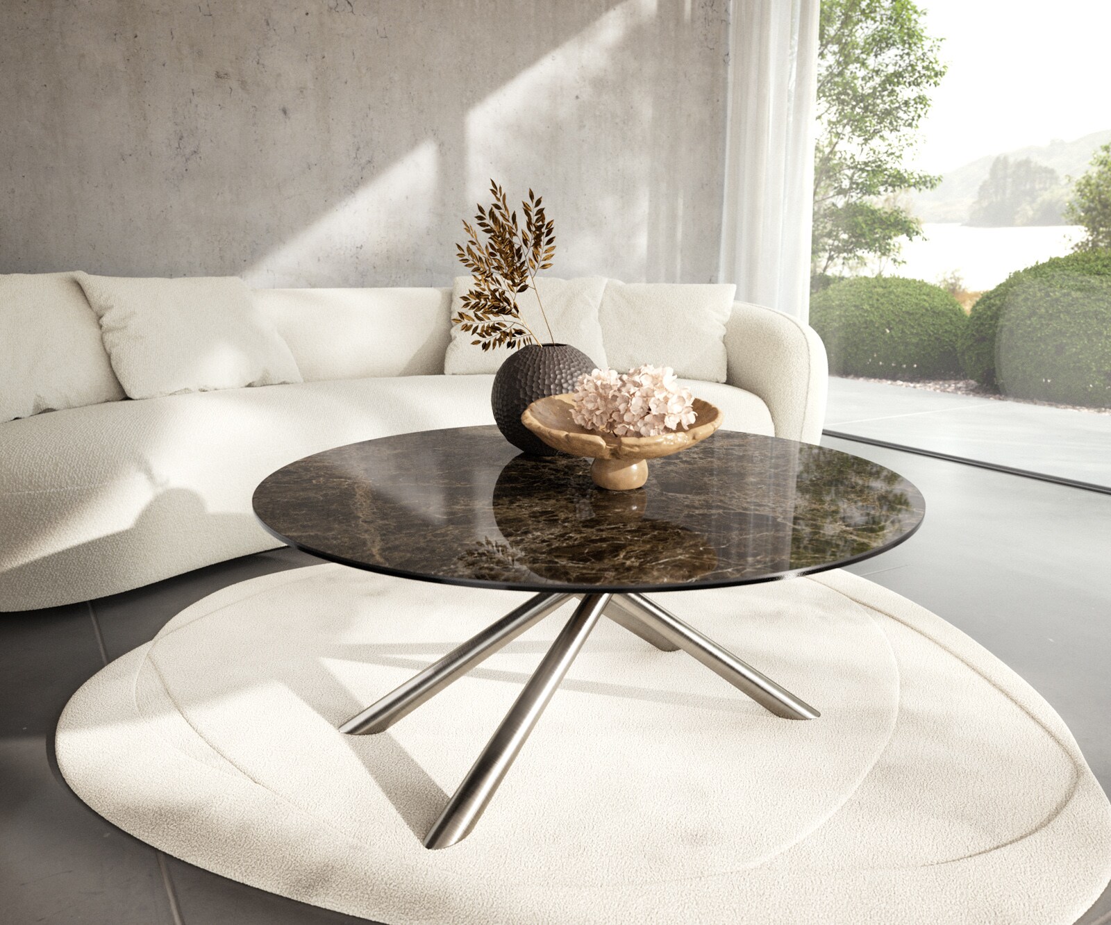 DELIFE Couchtisch Edge Rund 100x100 cm Keramik Emperador Extra Lucidato Dunkelbraun Sarity Edelstahl gebürstet, Couchtische - B100 x T100 x H42 cm