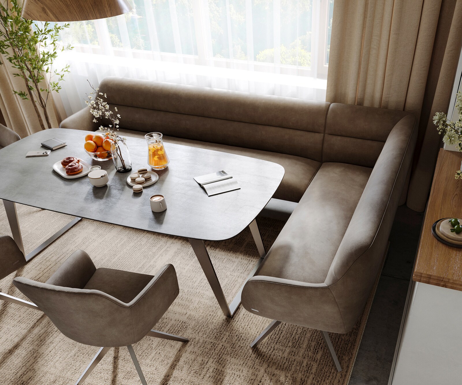 Esszimmerbank Taya-Flex 285x190 cm Mikrofaser Taupe Vintage Kreuzgestell kantig Edelstahl Taschenfederkern Links 4