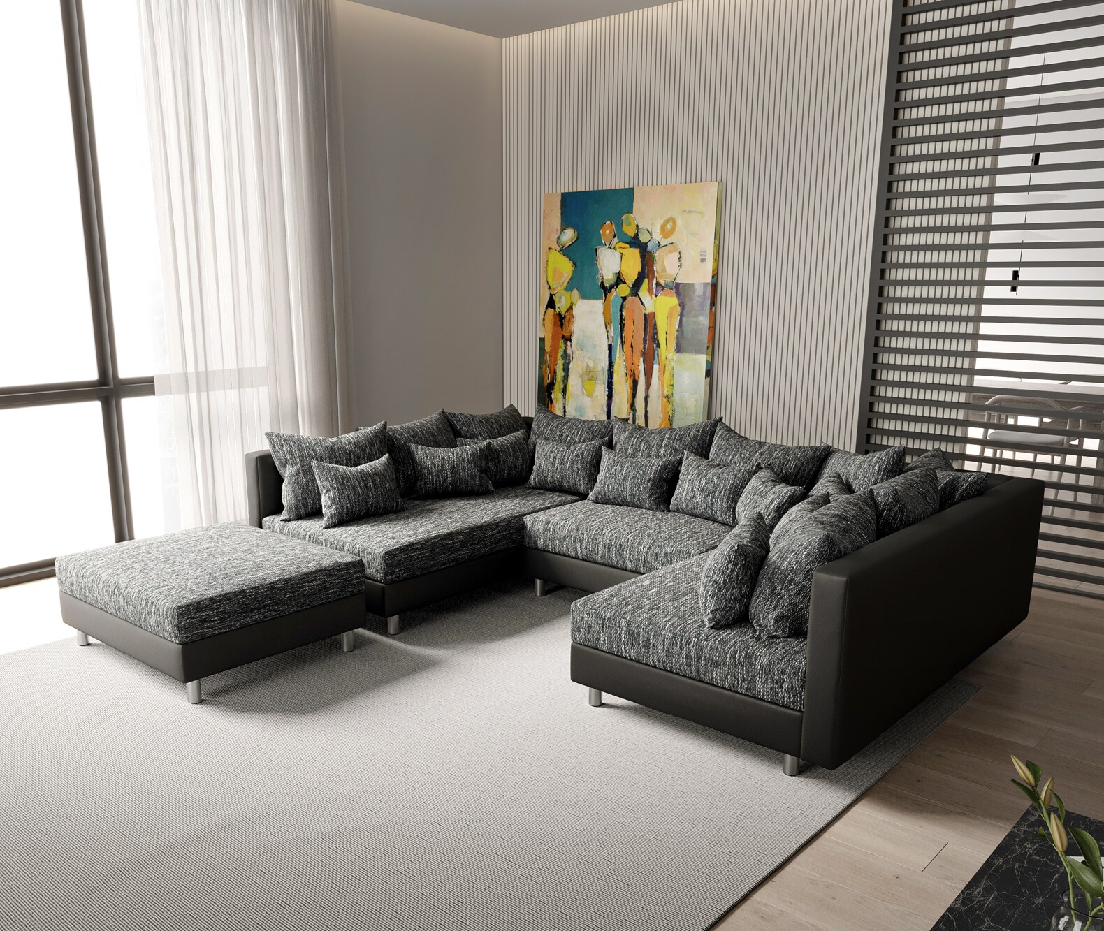 Wohnlandschaft Clovis Schwarz Modulsofa mit Hocker günstig online kaufen