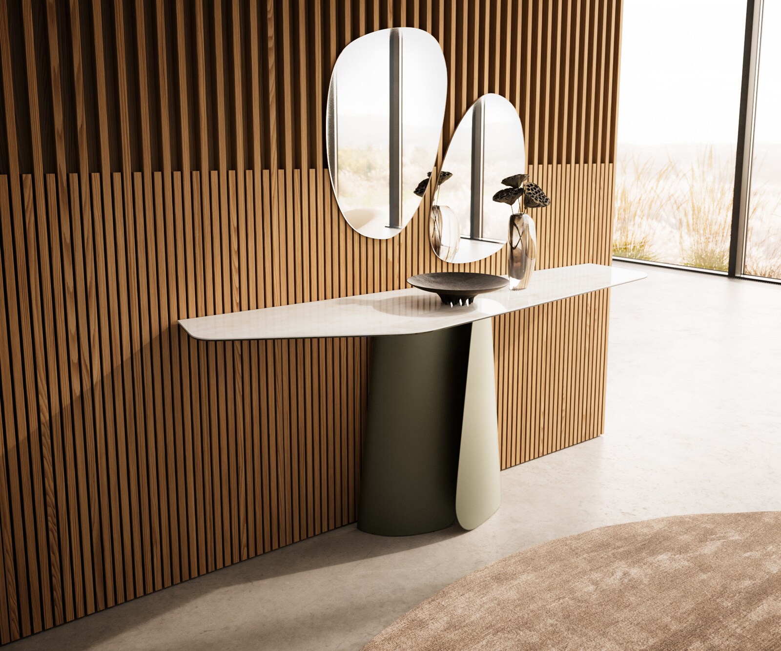 Konsolentisch Edge Polygonal 180x50 cm Keramik Onyx Champagne Livos Metall Effektfinish Titan