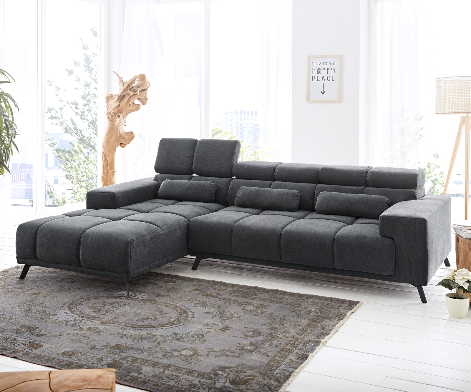 Ecksofa Ordino 285x200 Mikrofaser Schwarz Ottomane links elektrische Sitztiefenverstellung Ecksofa Ordino 285x200 Mikrofaser Schwarz Ottomane links elektrische Sitztiefenverstellung