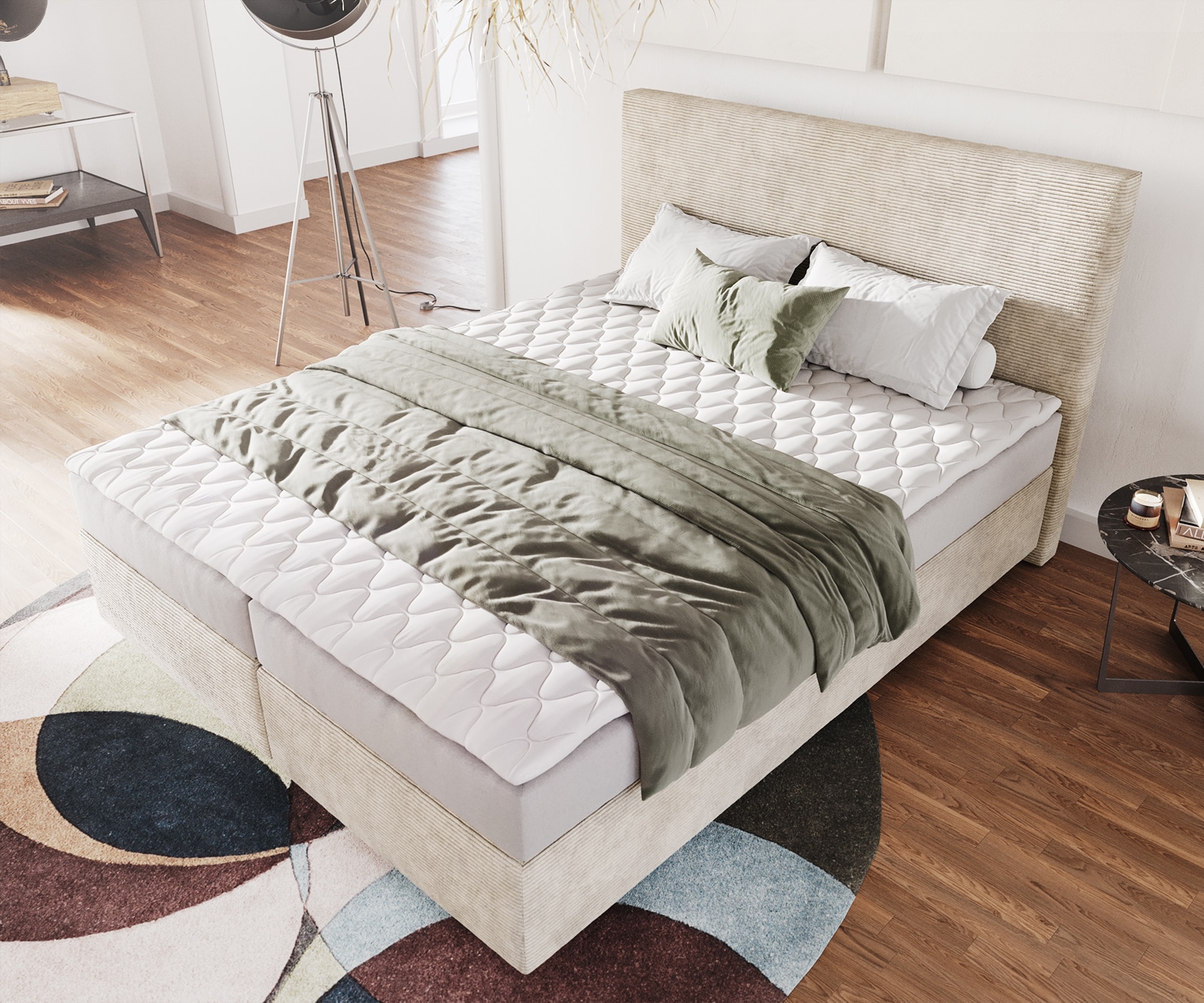Boxspringbett Dream-Well 160x200 cm Cord Beige mit Matratze und Topper 3 Boxspringbett Dream-Well 160x200 cm Cord Beige mit Matratze und Topper 3