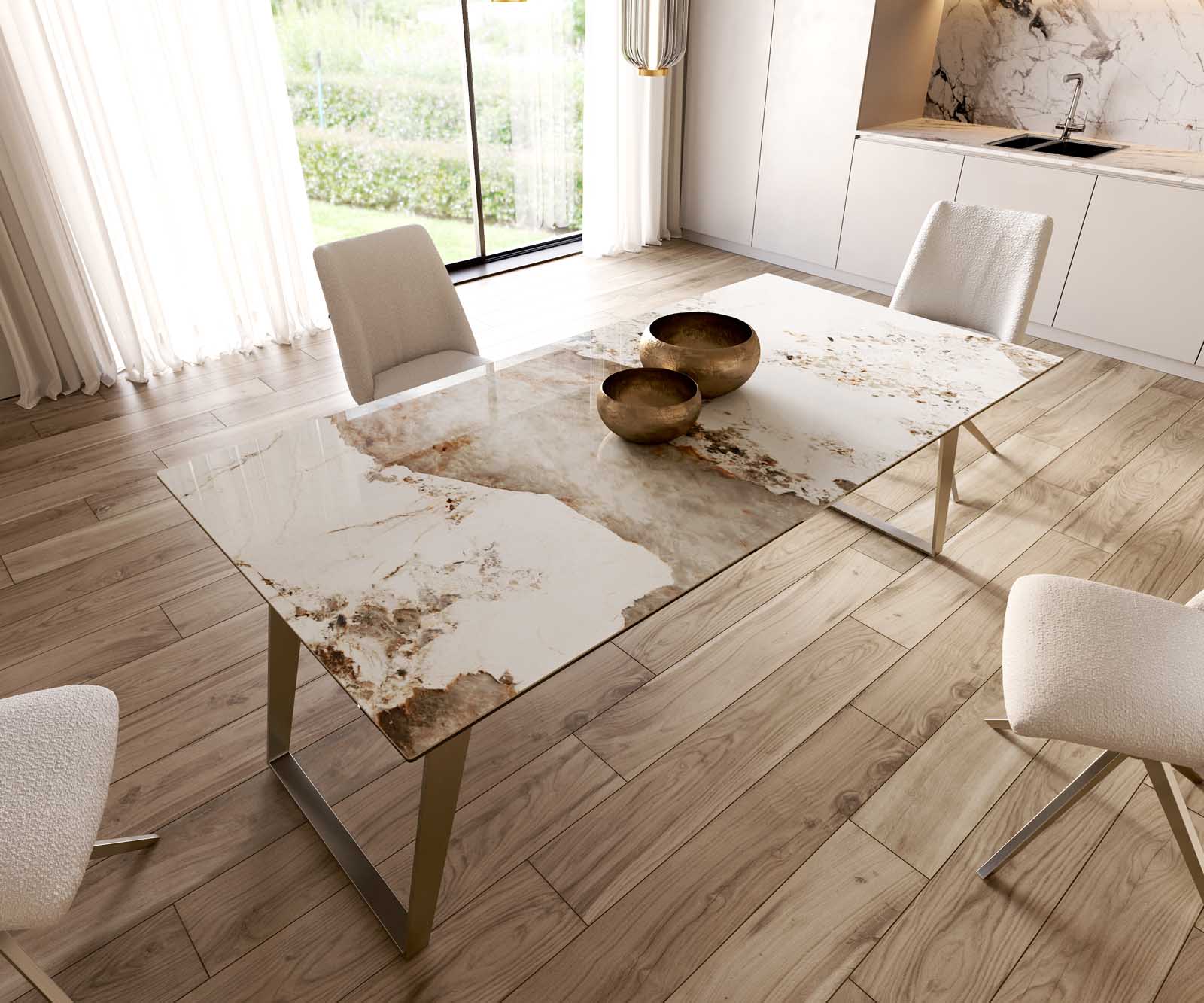 Esstisch Edge 200x100 Keramik Minas Melange Weiß-Beige Edelstahl Schräg 5