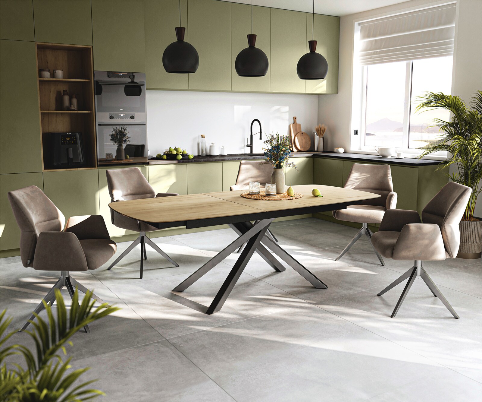 Esstisch Edge Boot 180-220x100 cm Keramik Laminam® Sabbia Eichefarbig Kreuzgestell Rechteck Edelstahl Graphit ausziehbar 6
