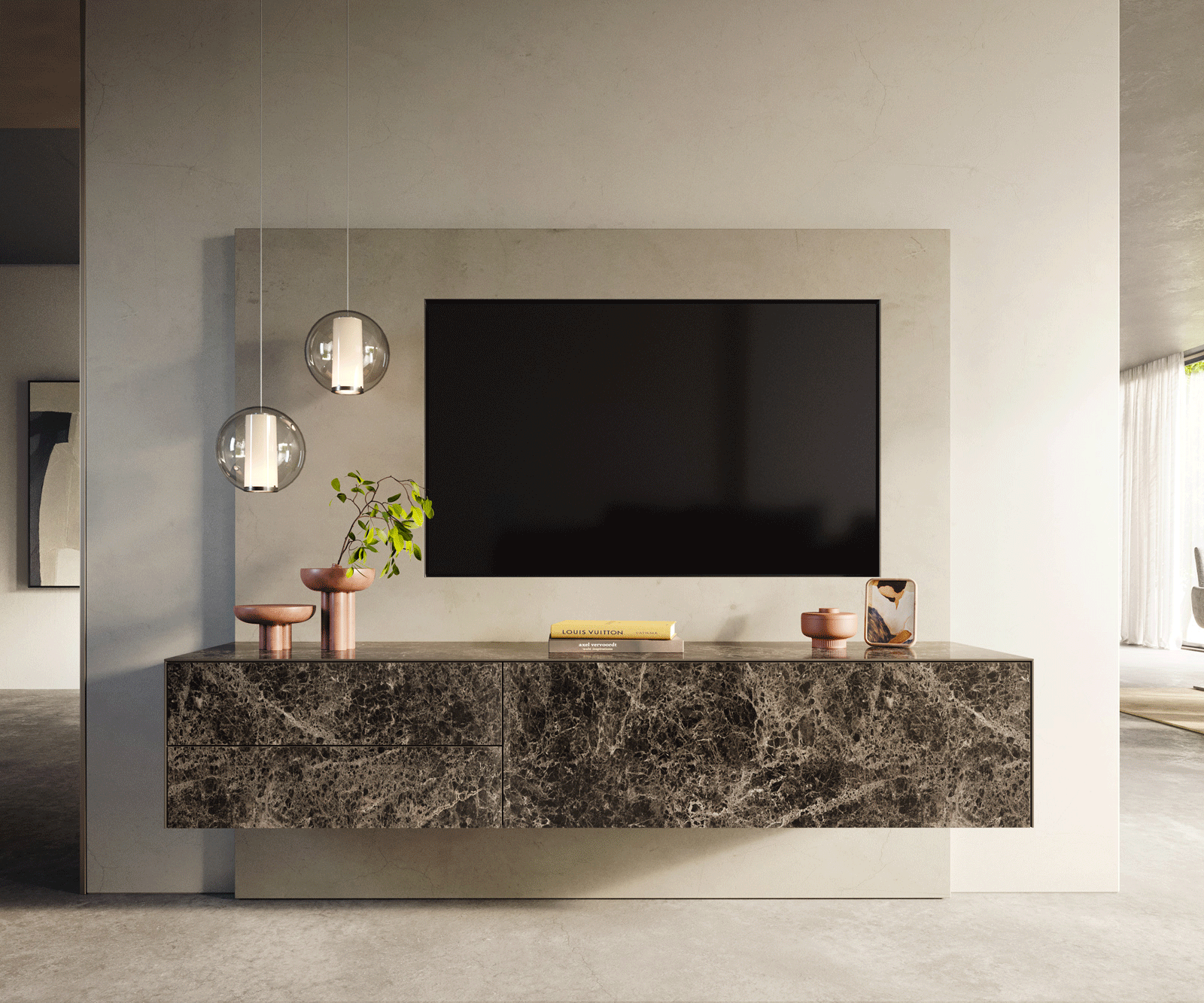 Lowboard Cuor 180 cm Keramik Laminam® Emperador Extra Lucidato Dunkelbraun 1 Klappe 2 Schubfächer Schwebend 2