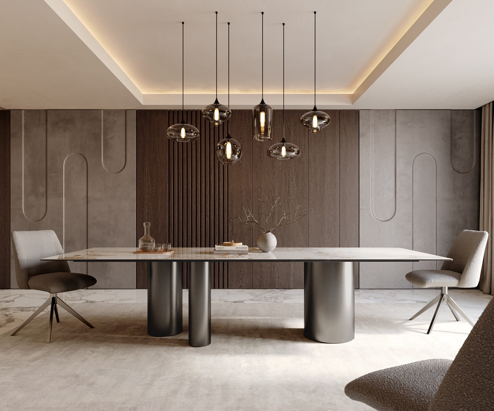 Esstisch Edge 300x100 Keramik Minas Melange Weiß-Beige Troa Edelstahl Graphit 1