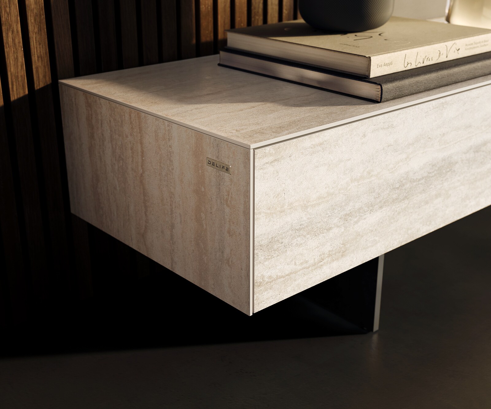 Lowboard Cuor 250 cm Keramik Laminam® Travertino Bianco Creme-Weiß 1 Klappe 1 Schubfach Fuß Schwebeoptik Metall Schwarz 5