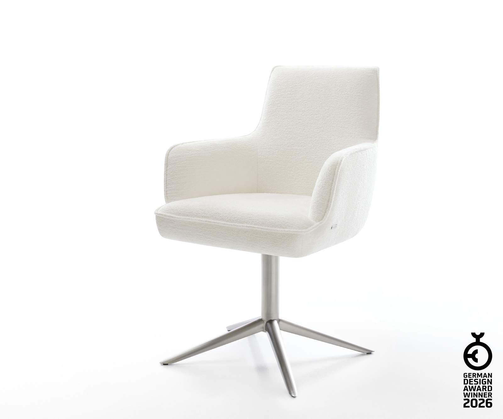 Drehstuhl Heira-Flex mit Armlehnen Bouclé Soft Beige Fußkreuz Edelstahl 360° drehbar Wippfunktion Taschenfederkern
