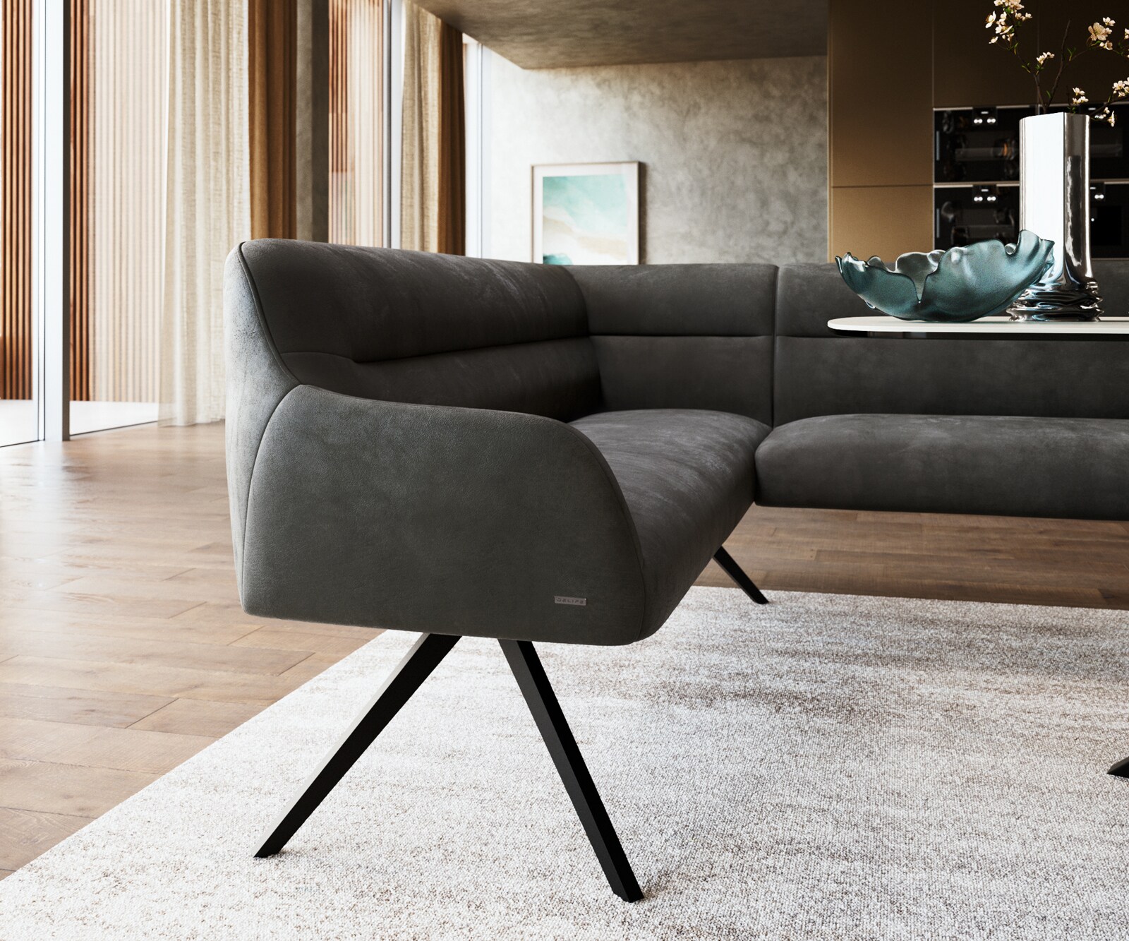 Esszimmerbank Taya-Flex 285x190 cm Mikrofaser Anthrazit Vintage Kreuzgestell kantig Schwarz Taschenfederkern Rechts 4