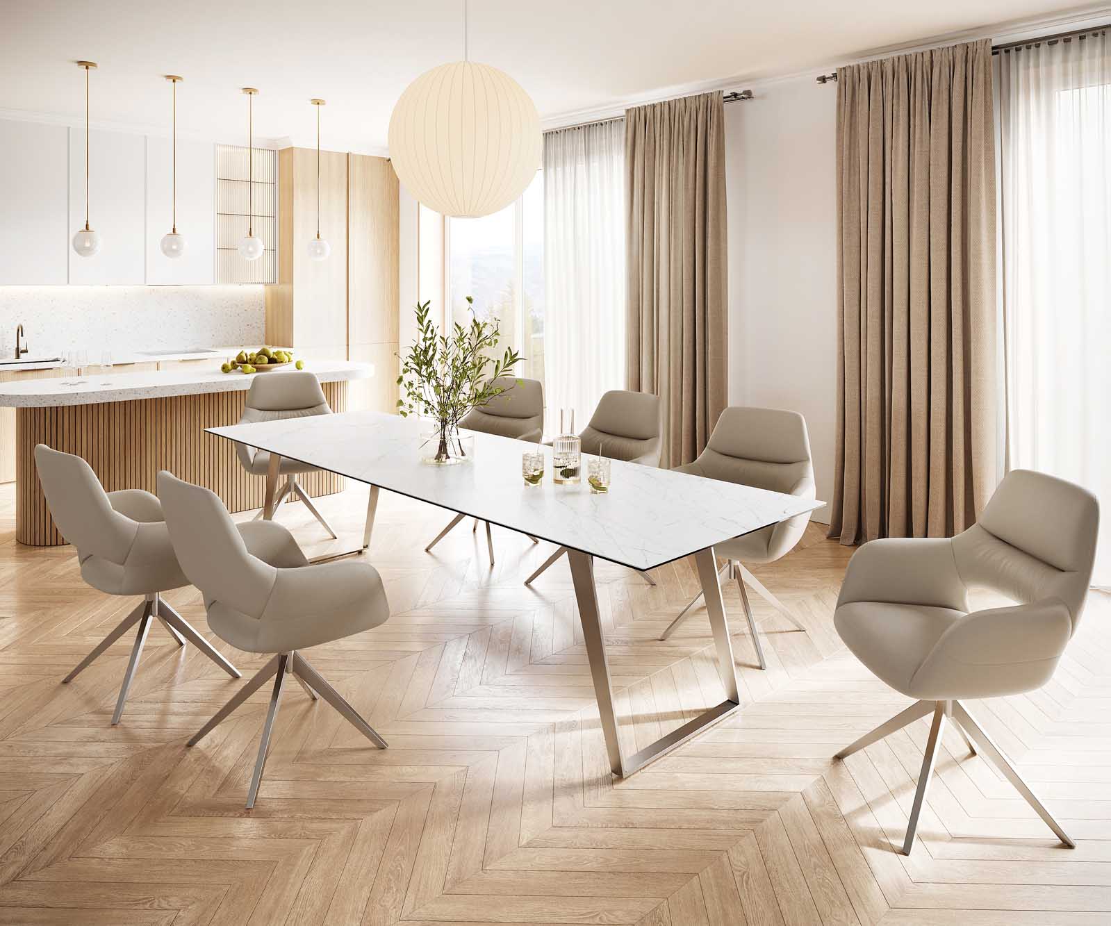 Esstisch Edge 300x100 Keramik Laminam® Statuarietto Weiß Edelstahl Schräg 6