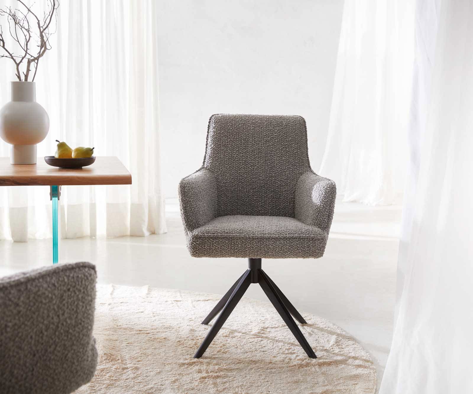 Drehstuhl Heira-Flex mit Armlehnen Bouclé Silbergrau Kreuzgestell breit Schwarz 360° drehbar Taschenfederkern 2