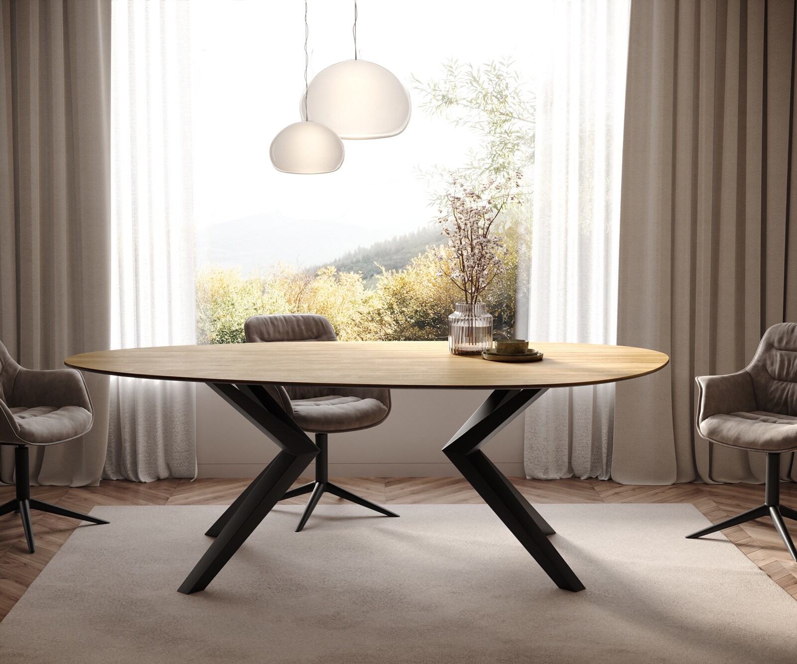 Esstisch Edge Oval 220x120 Keramik Laminam® Sabbia Eichefarbig Zenthara kantig Metall Schwarz 2