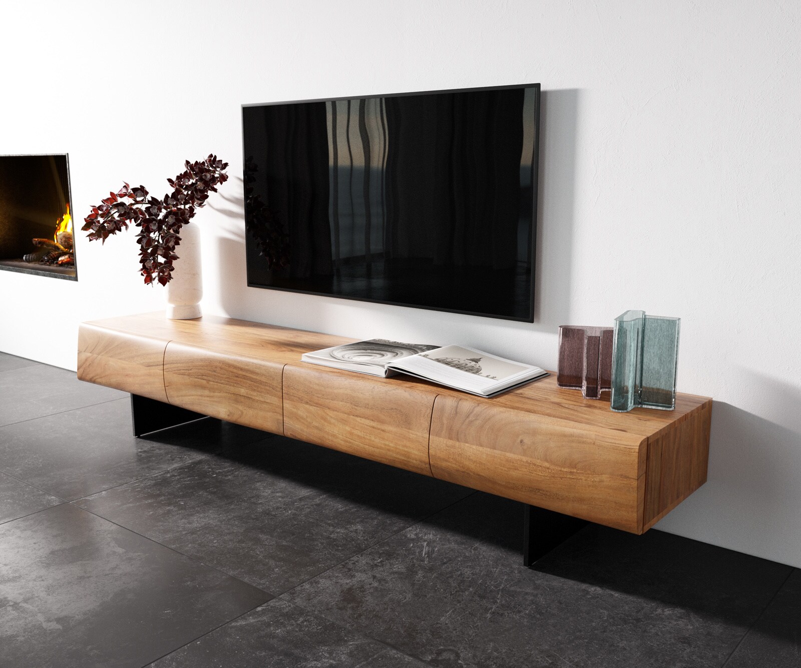 Lowboard New Live-Edge 200 cm Akazie Natur 4 Türen Fuß schwebend Metall Schwarz