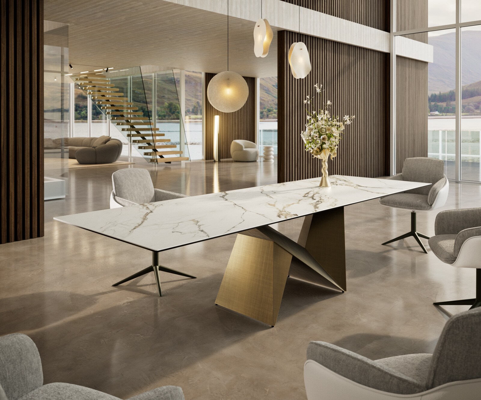 Esstisch Edge 300x100 Keramik Calacatta Luxe Weiß-Gold-Grau Origami Metallic Gold 1