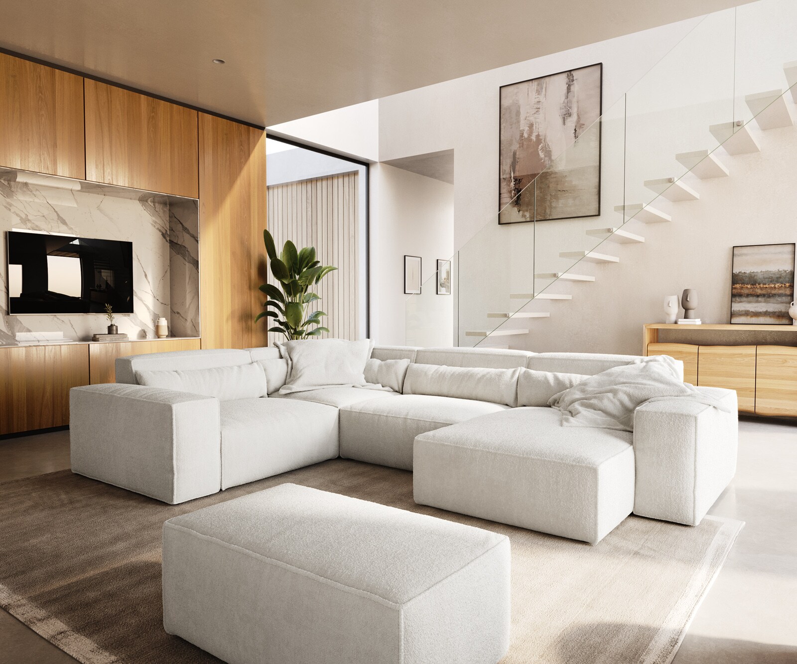 Wohnlandschaft Sirpio 300x210 cm Bouclé Creme-Weiß Recamiere variabel mit Hocker 2