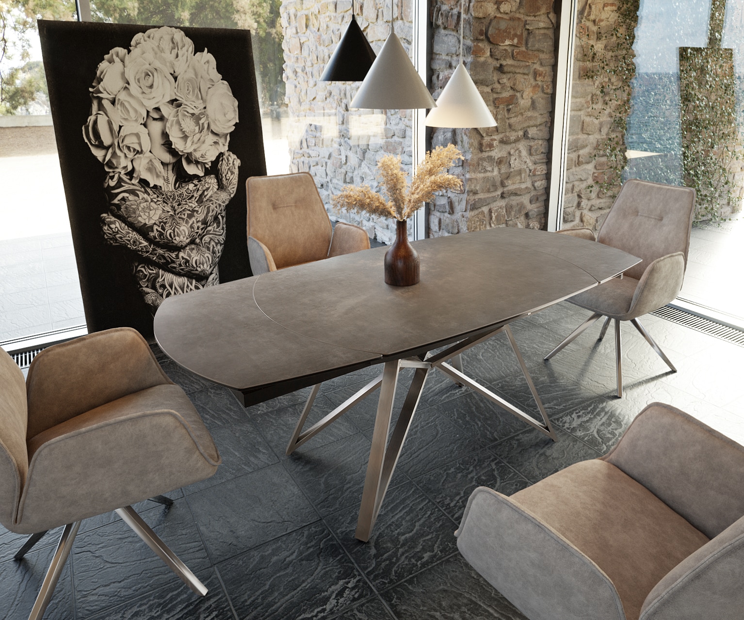 Esstisch Carlow 130/200x95 cm Keramik Braun Edelstahl ausziehbar Esstisch Carlow 130/200x95 cm Keramik Braun Edelstahl ausziehbar