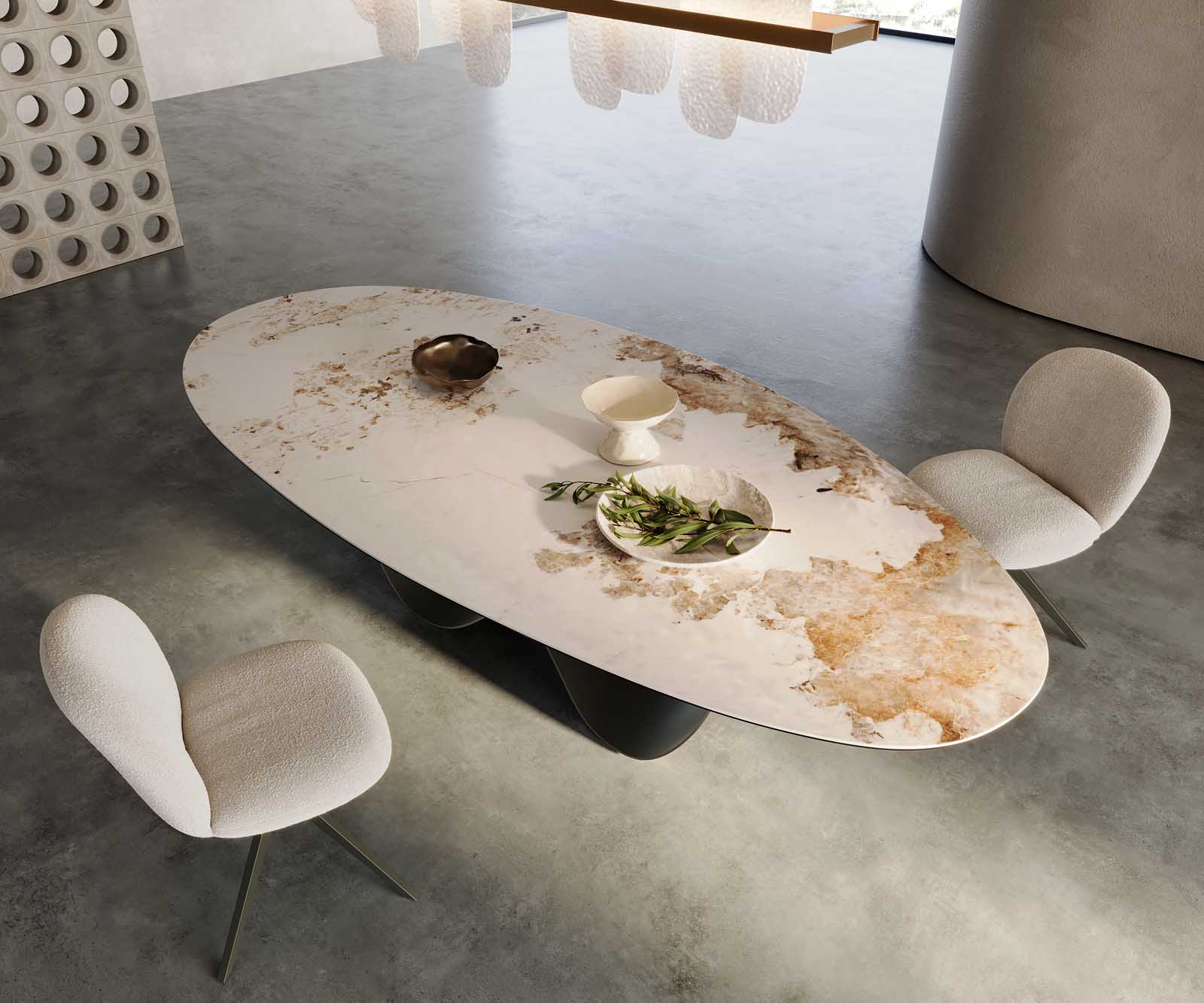 Esstisch Edge Oval 280x130 Keramik Minas Melange Weiß-Beige Infinity Metall Effektfinish Titan 1