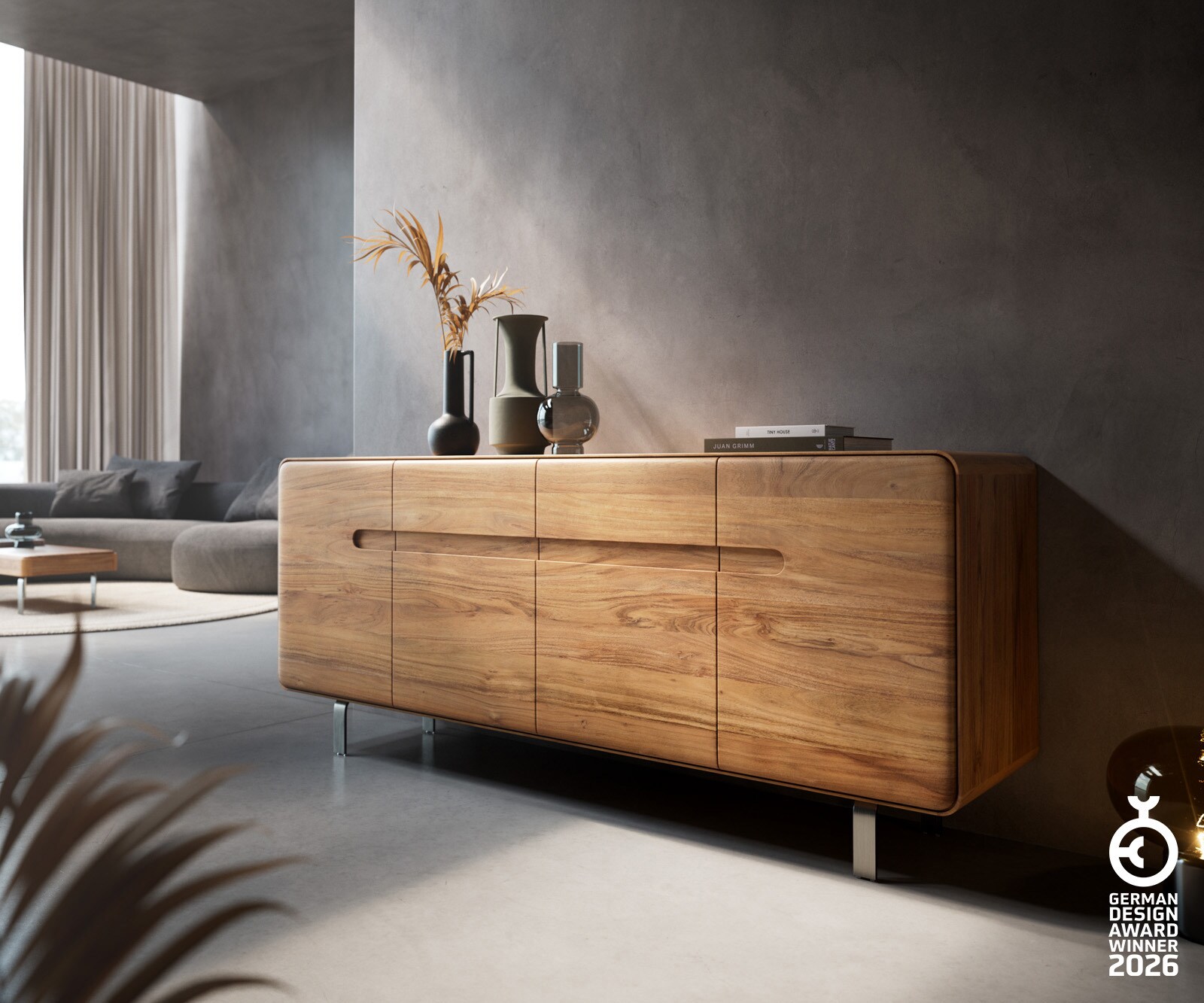 Sideboard Anaya 175 cm Akazie Natur 4 Türen L-Fuß Edelstahl