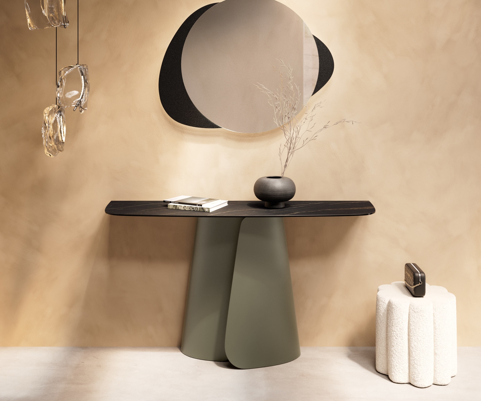 Konsolentisch Edge Boot 140x40 cm Keramik Laminam® Noir Desir Braun Livos Metall Effektfinish Titan
