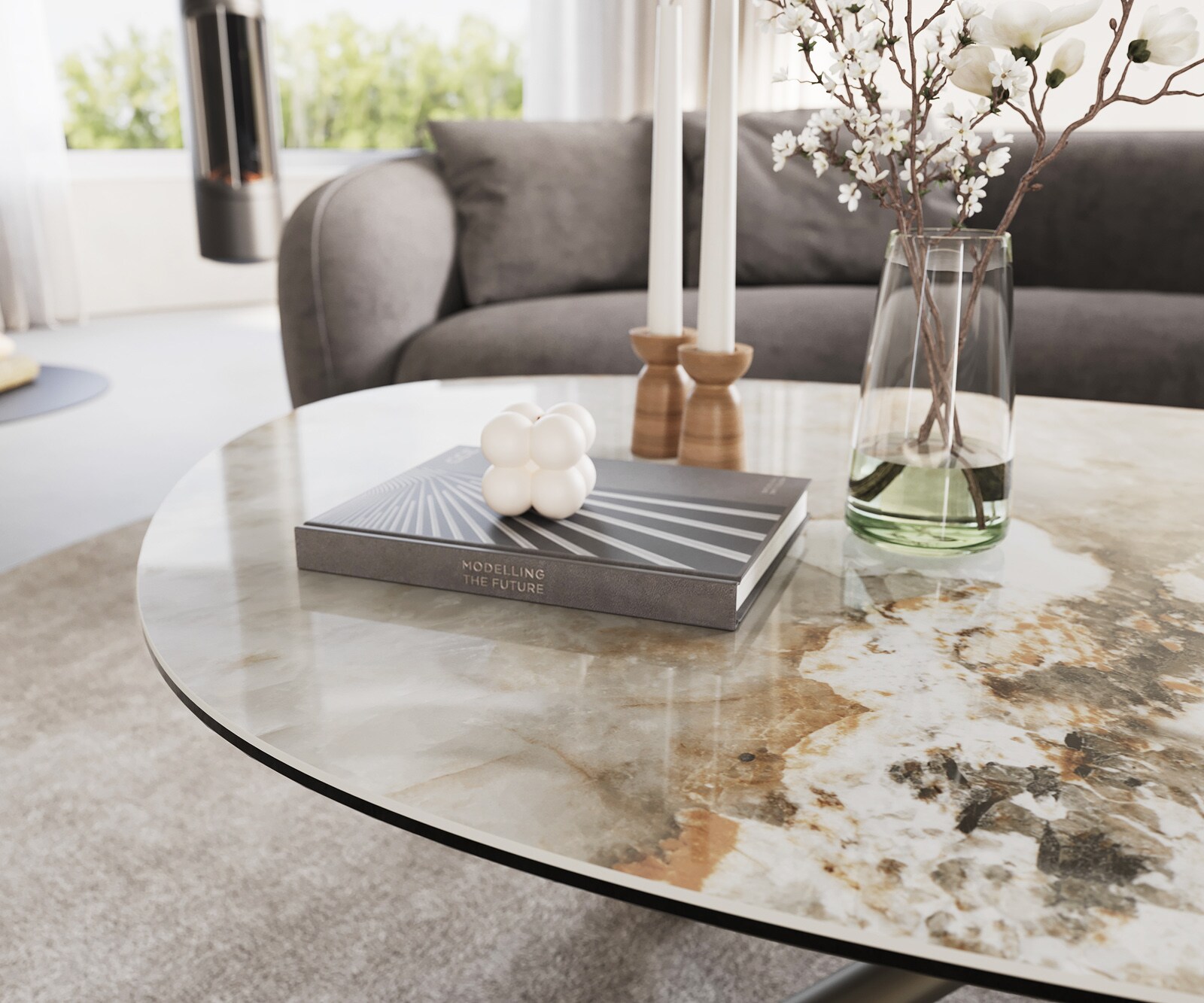Couchtisch Edge Oval 140x75 cm Keramik Minas Melange Sarity Metall Effektfinish Titan 6
