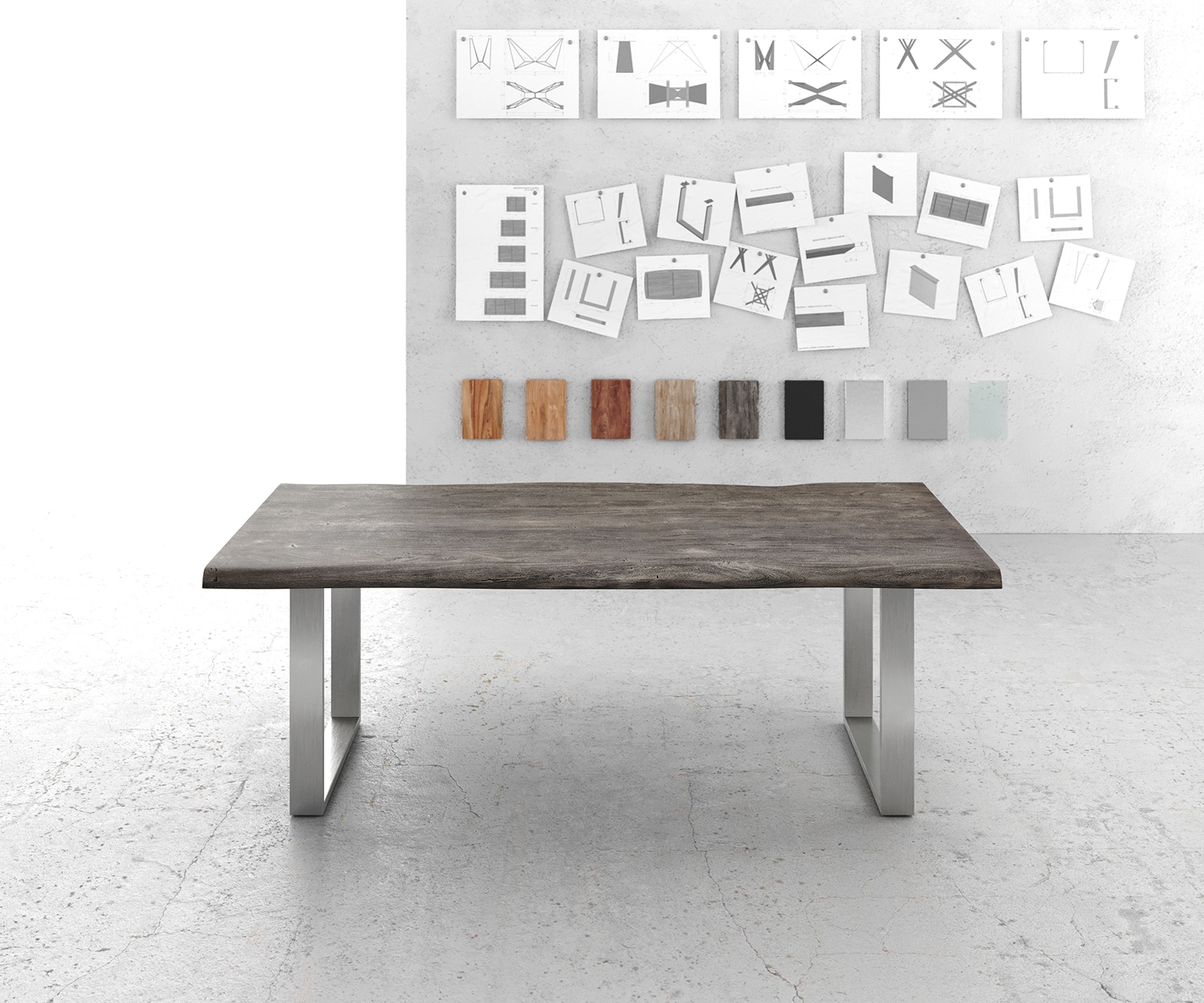 Esstisch Edge 220x100cm XL Akazie Platin Edelstahl schmal Live-Edge 2