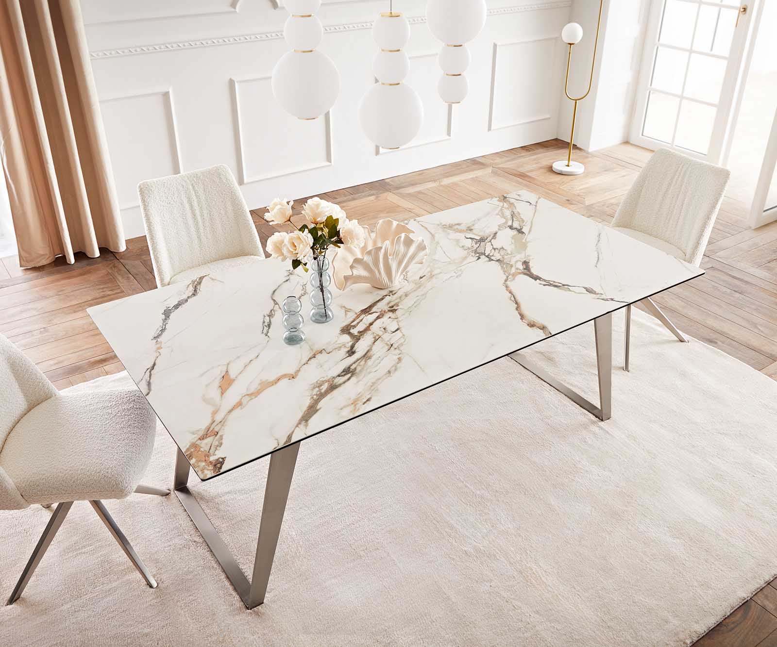 Esstisch Edge 200x100 Keramik Calacatta Luxe Weiß-Gold-Grau Edelstahl Schräg 5