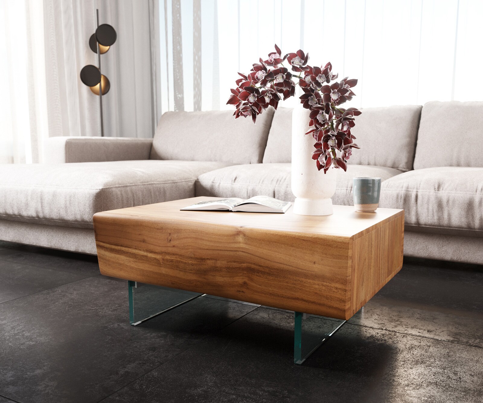 Couchtisch New Live-Edge 80x60 cm Akazie Natur 2 Schubladen Glasfuß schwebend 3