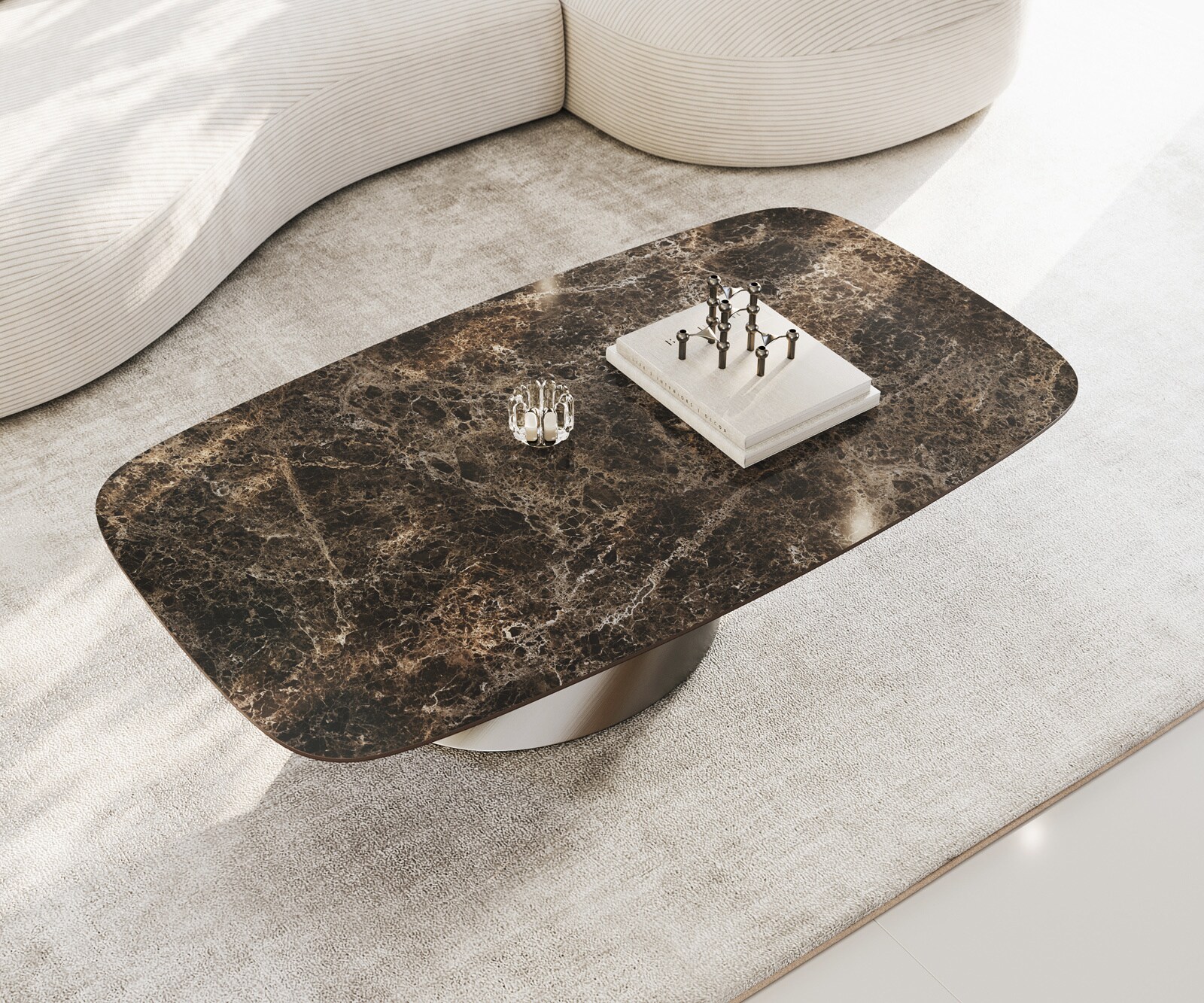 Couchtisch Edge Boot 140x80 cm Keramik Emperador Extra Lucidato Dunkelbraun Conis Edelstahl gebürstet 4