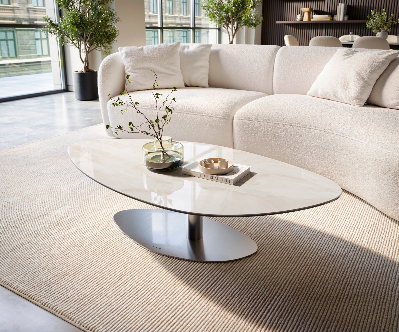 Couchtisch Edge Organisch 140x76 cm Keramik Onyx Champagne Vibany Edelstahl gebürstet 3