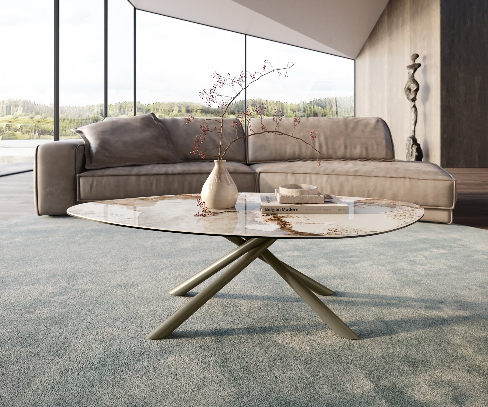 Couchtisch Edge Organisch 140x76 cm Keramik Minas Melange Sarity Metall Effektfinish Titan