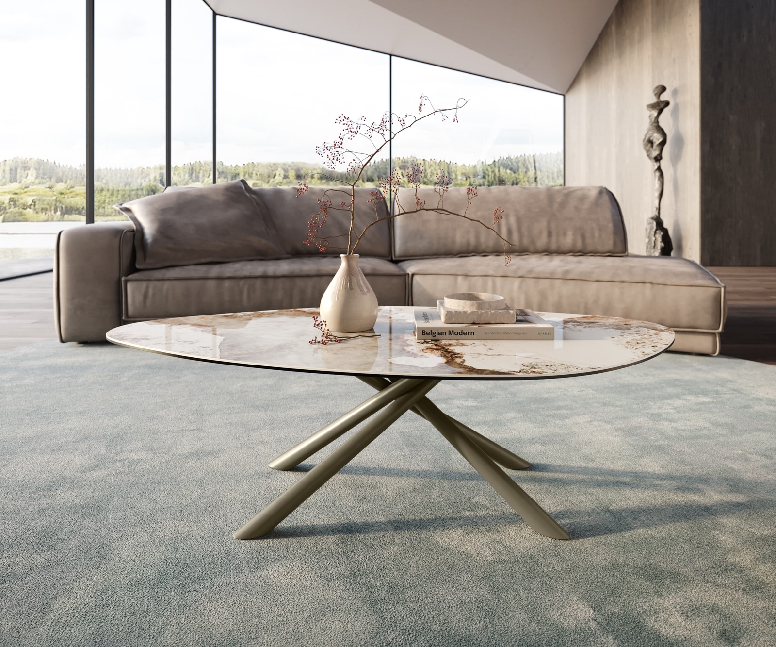 Couchtisch Edge Organisch 140x76 cm Keramik Minas Melange Sarity Metall Effektfinish Titan