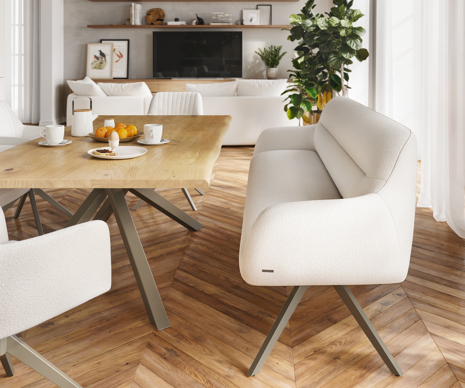 Esszimmerbank Taya-Flex 200 cm Bouclé Creme-Weiß Kreuzgestell kantig Effektfinish Titan Taschenfederkern 2