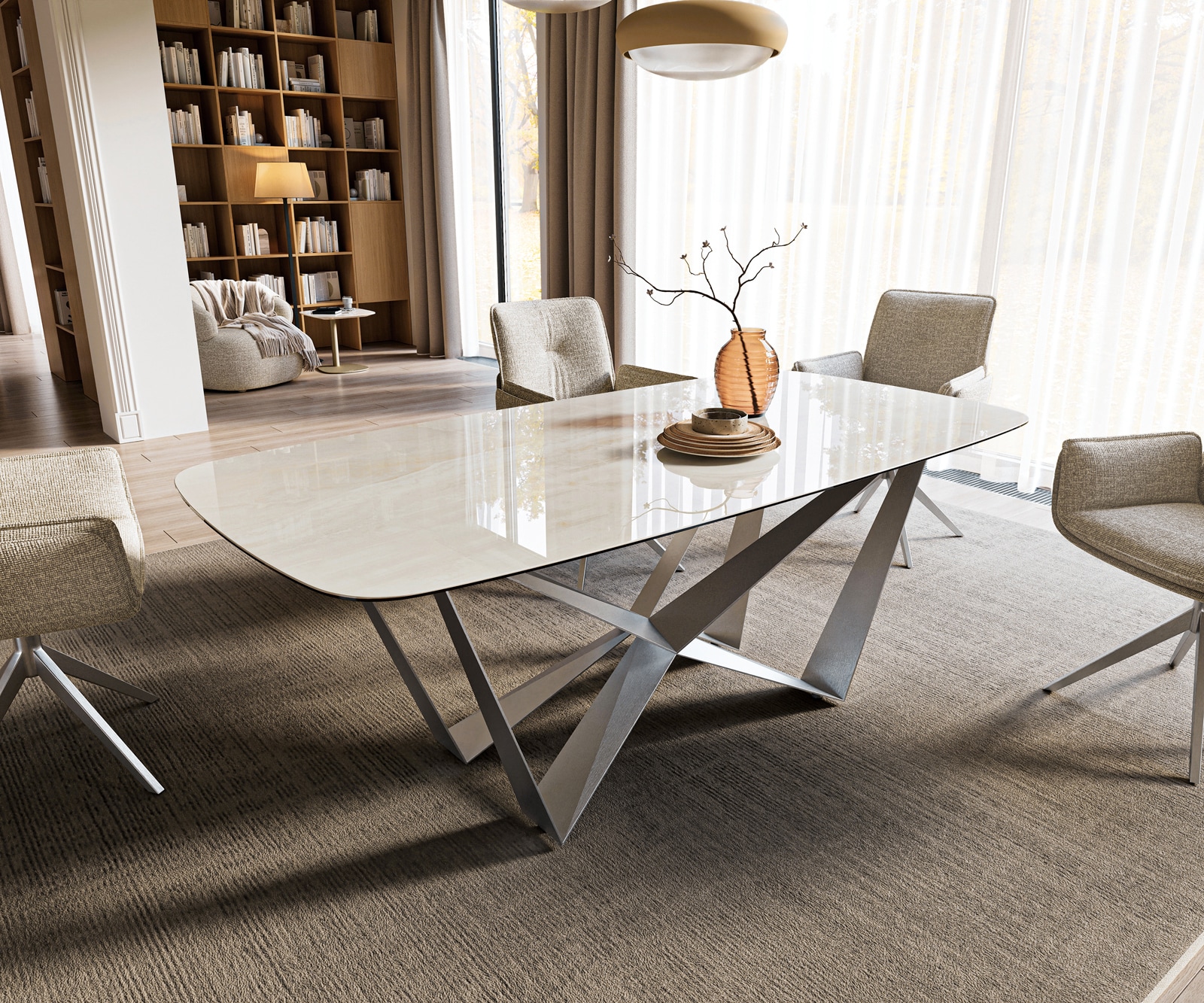 Esstisch Edge Boot 200x100 cm Keramik Onyx Champagne Spider Flachstahl Edelstahl Graphit 1