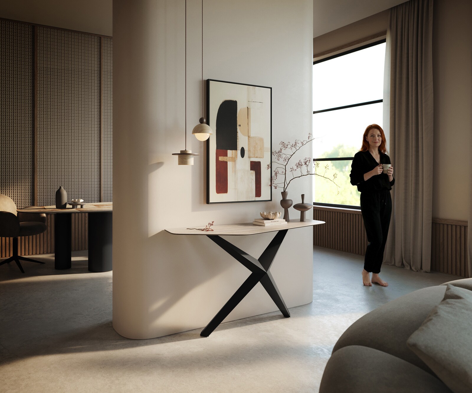 Konsolentisch Edge Polygonal 140x50 cm Keramik Laminam® Travertino Bianco Creme-Weiß Zentharo Metall Schwarz 6