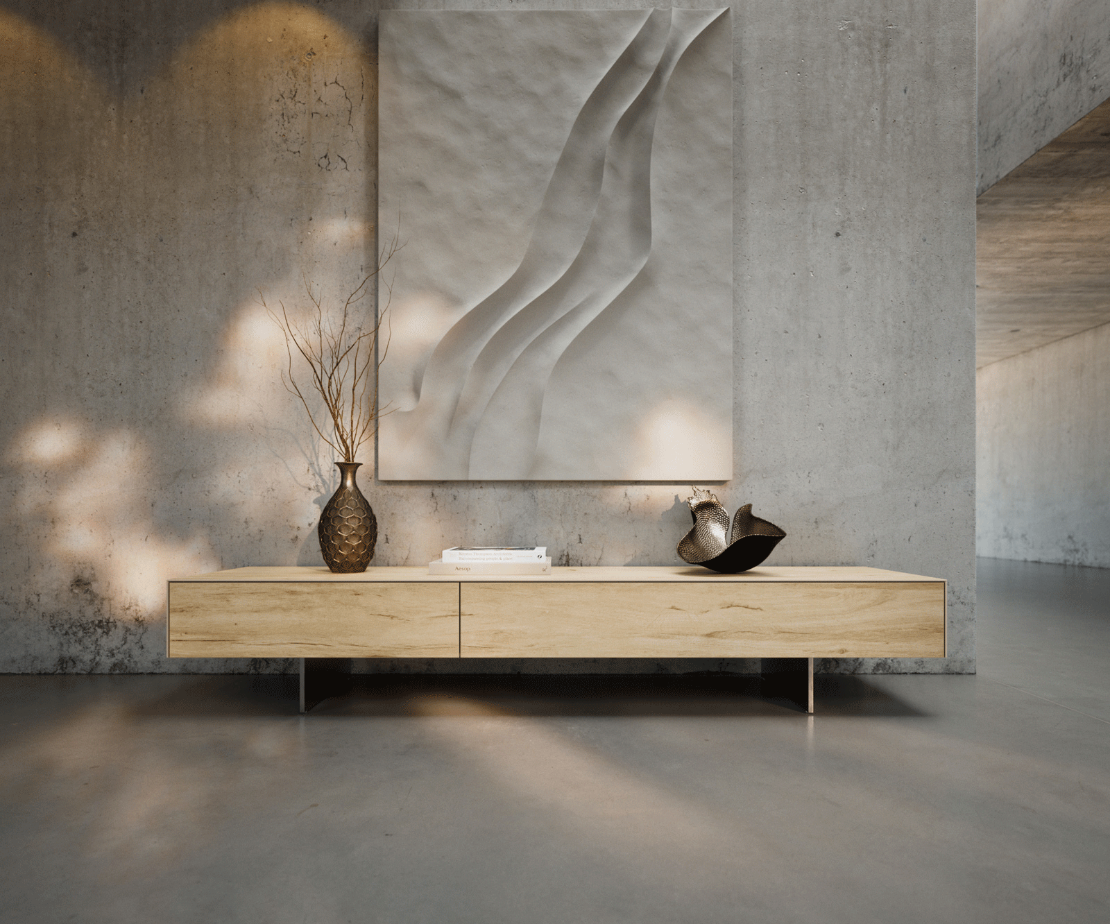 Lowboard Cuor 200 cm Keramik Laminam® Sabbia Eichefarbig 1 Klappe 1 Schubfach Fuß Schwebeoptik Edelstahl 2