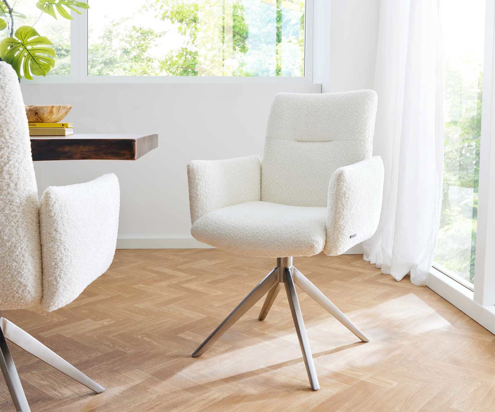 Drehstuhl Jova-Flex mit Armlehnen Bouclé Weiß Kreuzgestell breit Edelstahl 360° drehbar Taschenfederkern Drehstuhl Jova-Flex mit Armlehnen Bouclé Weiß Kreuzgestell breit Edelstahl 360° drehbar Taschenfederkern