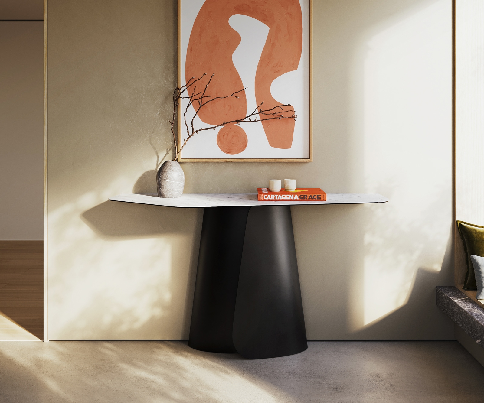 Konsolentisch Edge Polygonal 140x50 cm Keramik Laminam® Statuarietto Weiß Livos Metall Schwarz