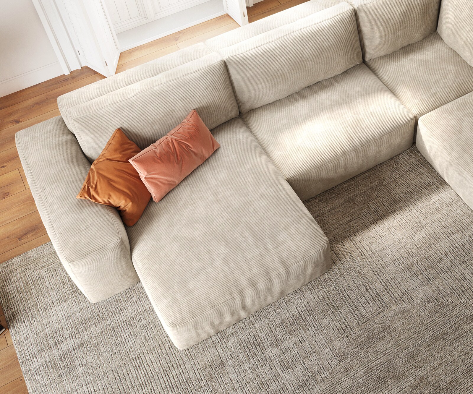 Wohnlandschaft Lanzo 300x210 cm Cord Beige Recamiere variabel mit Hocker 3