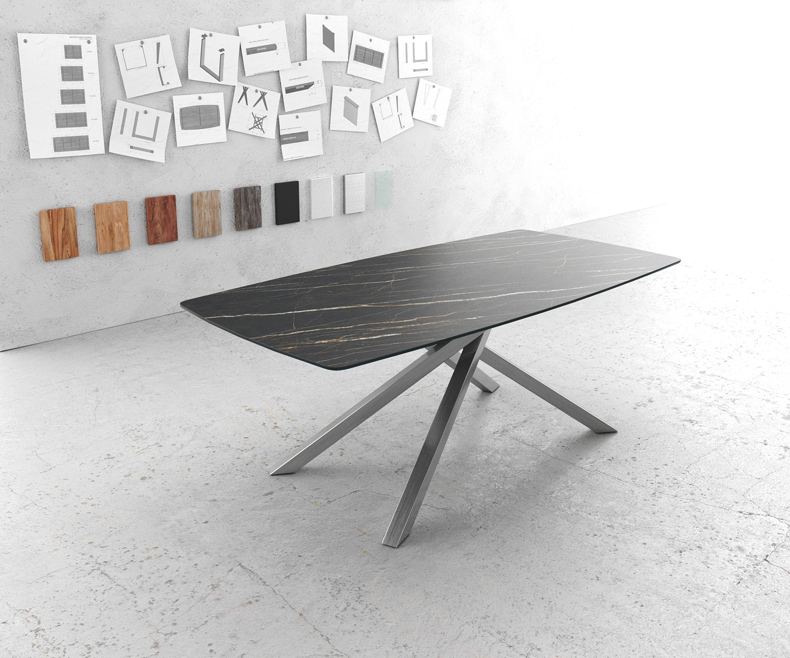 Esstisch Edge Bootsform 200x100cm Laminam® Keramik Noir Desir Braun Kreuzgestell Rechteck Edelstahl