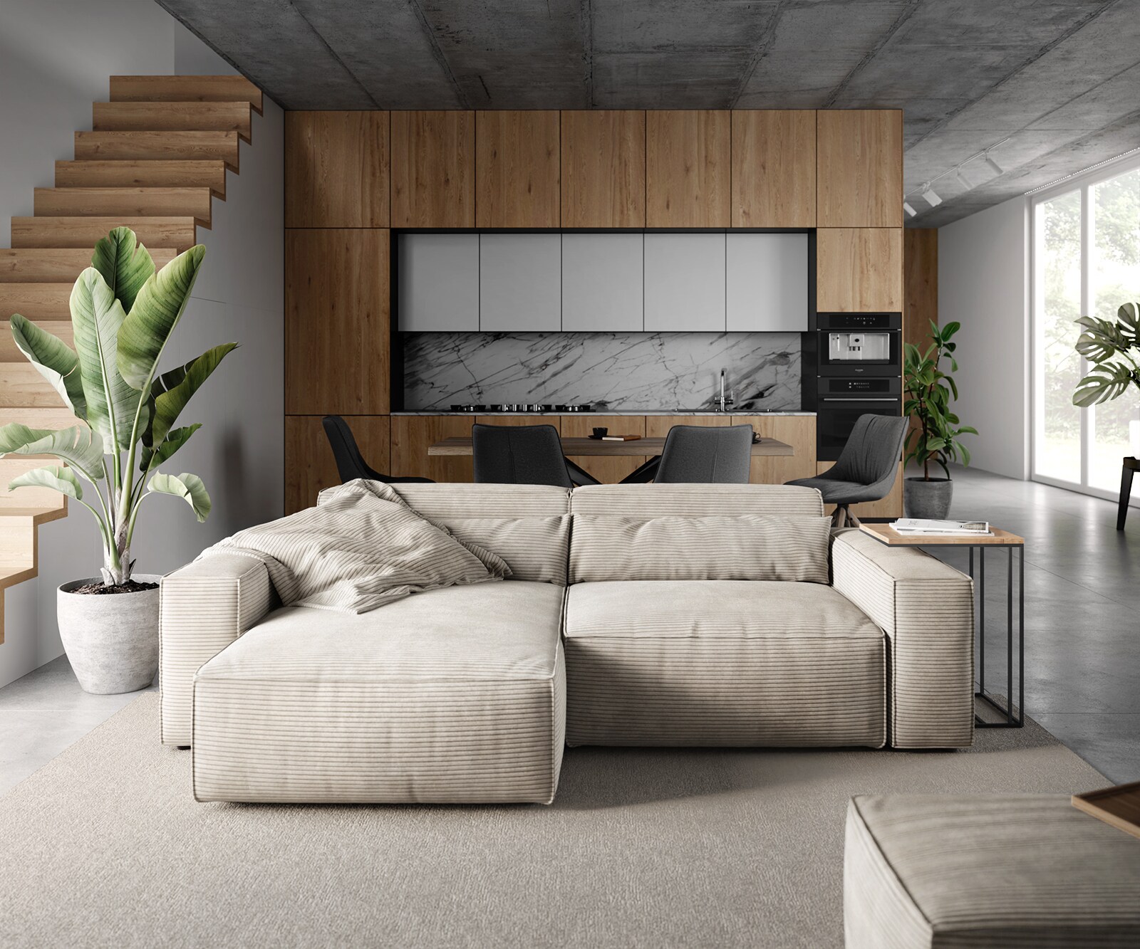 Ecksofa Sirpio 230x155 cm Cord Beige Recamiere variabel mit Hocker 1