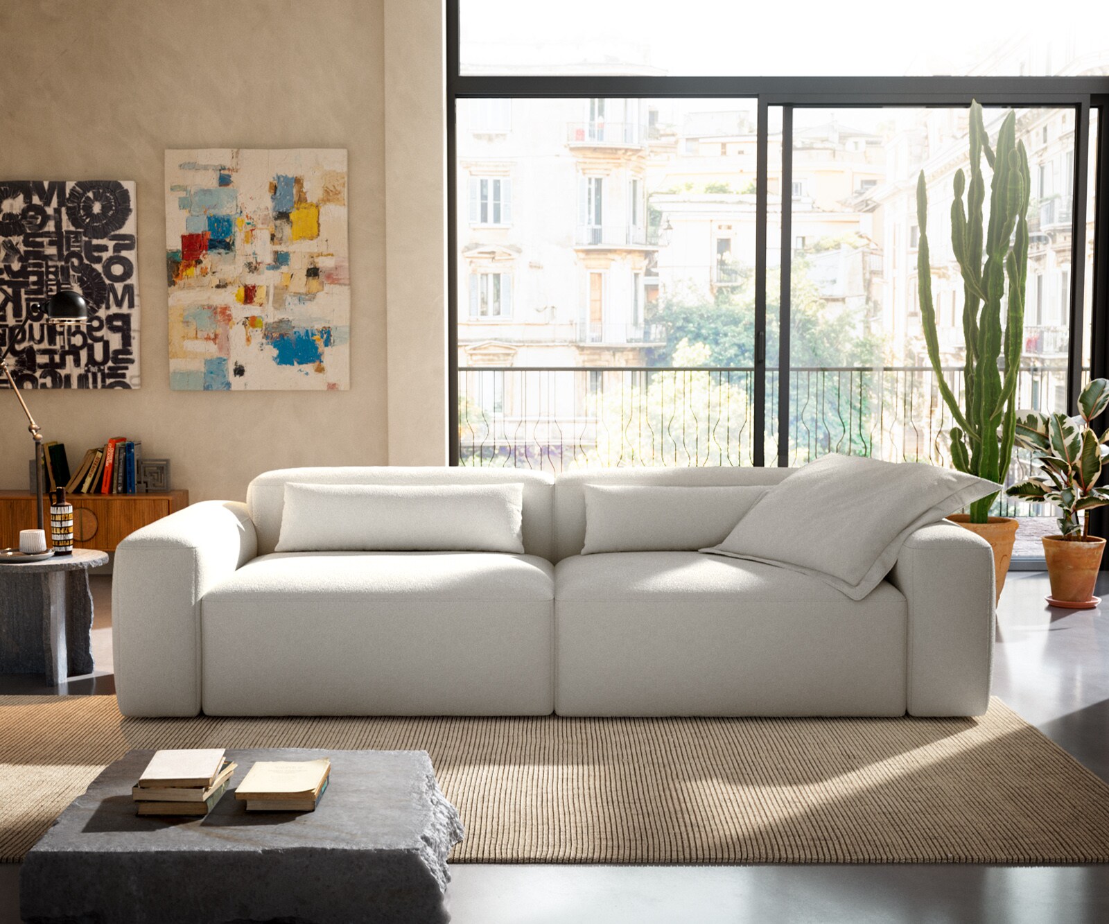 Big-Sofa Freestyle 280x110 cm Bouclé Creme-Weiß Kappnaht