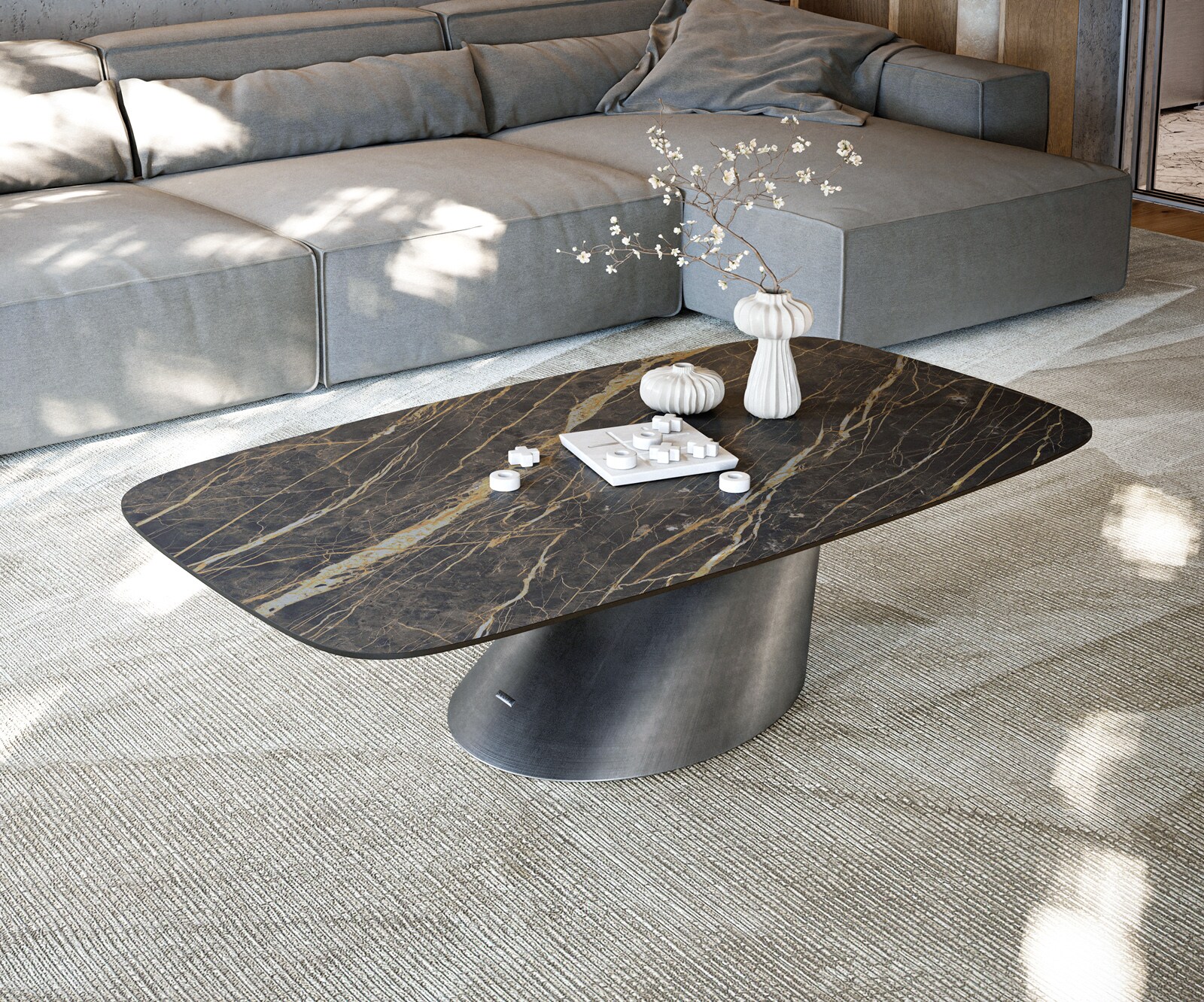 Couchtisch Edge Boot 140x80 cm Keramik Laminam® Noir Desir Braun Conis Metallic Silber 1